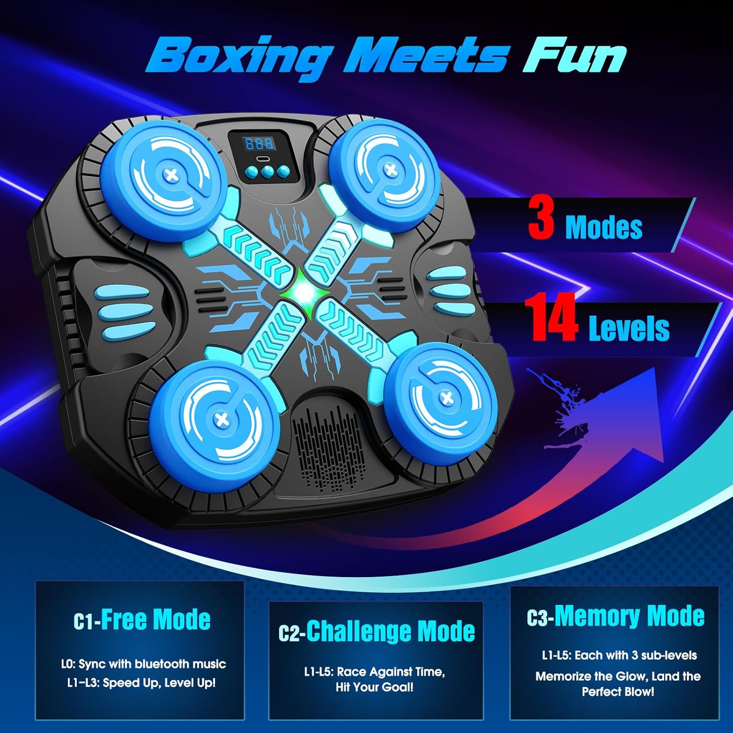 Boxing Machine with Music for Kids Sports Toy-3 Game Modes & 14 Levels, 4 5 6 7 8 9 10 Year Old Boy Girl Toys Birthday Gifts, Wall Mounted Bluetooth Punching Target with Scoring & Gloves