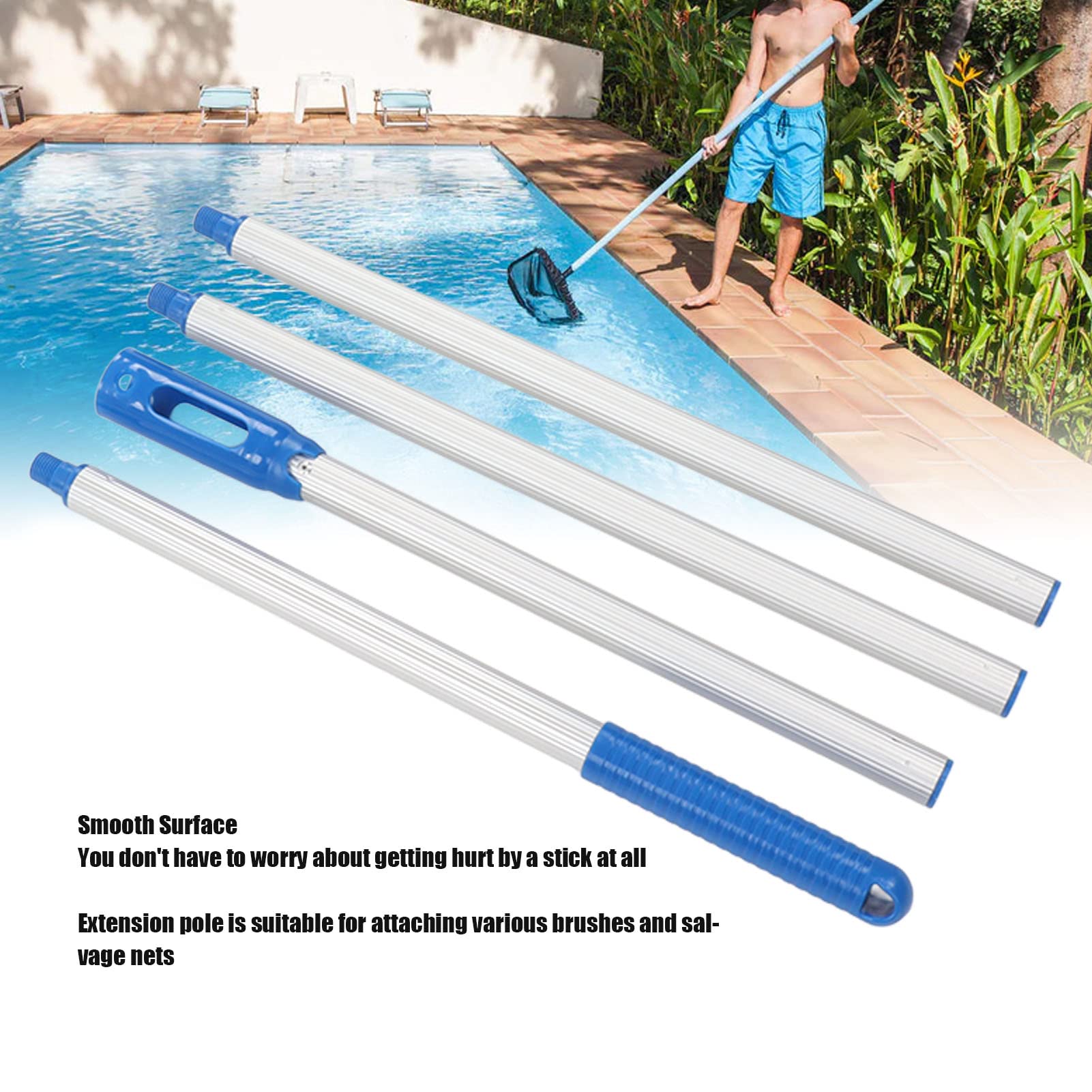 Fockety Poolstange, 4 Abschnitte, 1,6 Meter Aluminium-Poolstange, Teleskopisch, Keine Verformung, Pool-Verlängerungsstange, Schwimmbadzubehör für Skimmernetze, Vakuumköpfe, Bürsten