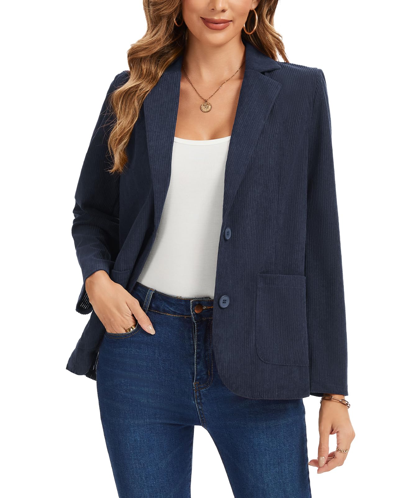 Womens Corduroy Blazer Notched Lapel Long Sleeve Jackets Trendy Work Office Jacket Coats Oversized 2 Buttons Outfits Navy