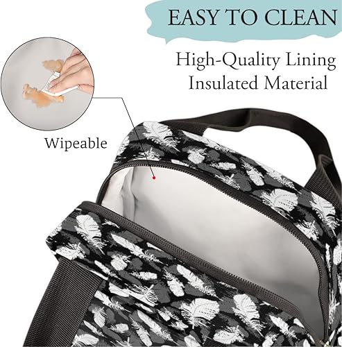 Miniatura 4 de Lonchera aislada con plumas grises y blancas para mujer, reutilizable, bonita lonchera para adultos y hombres, loncheras para mujeres, a prueba de