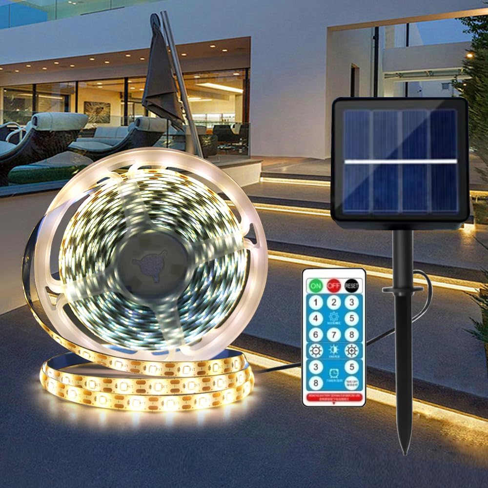 KISUFU Solar LED Strip Lights Outdoor,Warm White LED Lights Solar IP67 Waterproof,300 LEDs LED Light, for Outdoor Garden Wedding Christmas Party,8 Modes with Remote Control (3m, Warm White)
