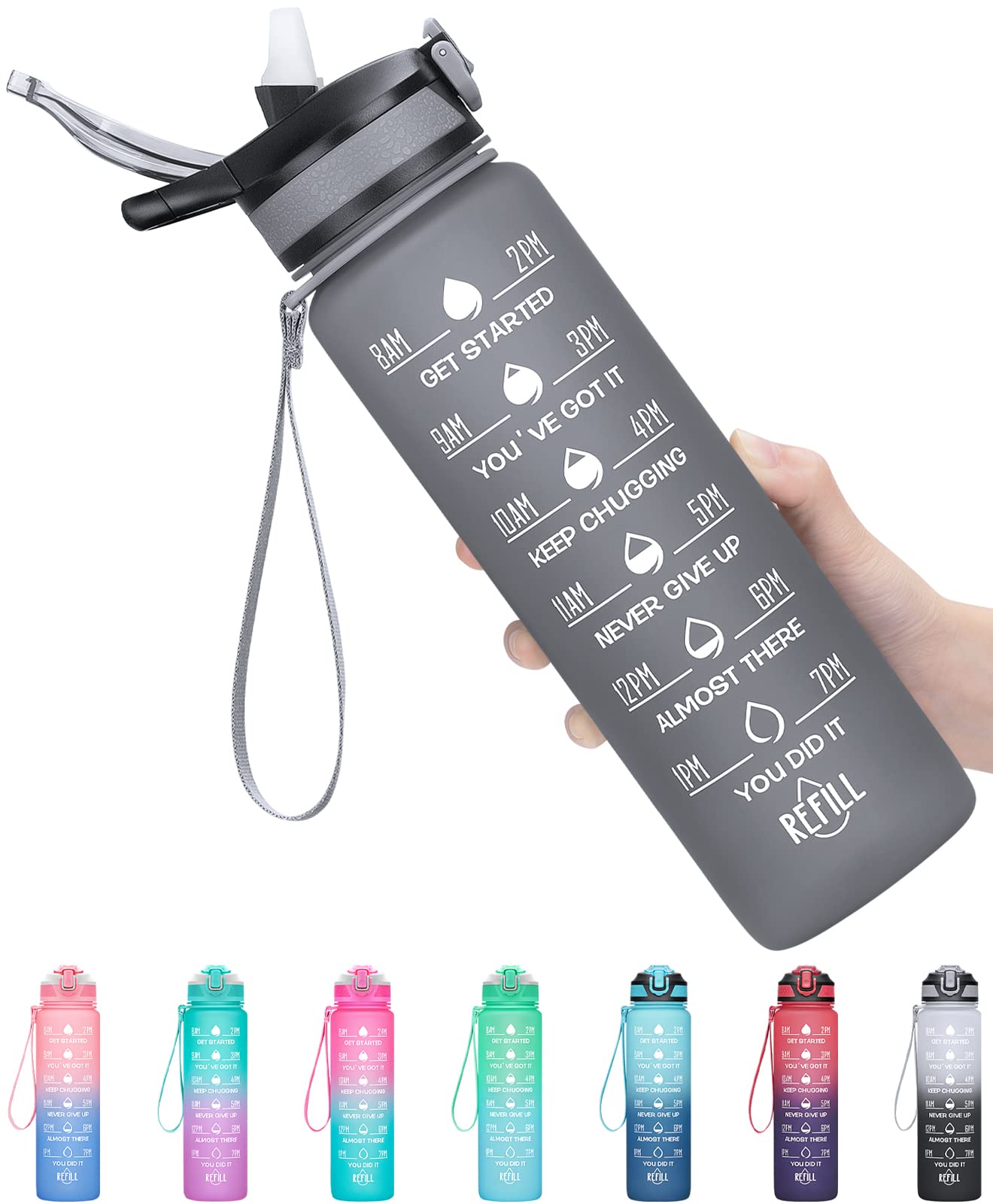 32oz Leakproof Motivational Sports Water Bottle with Straw & Time Marker, Flip Top Durable BPA Free Tritan Non-Toxic Frosted Bottle Perfect for Office, School, Gym