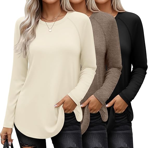 Ficerd 3 Pack Women's Long Sleeve T-Shirts Crew Neck Raglan Sleeve Casual Loose Fit Shirts Side Split Curved Hem Tunic Tops
