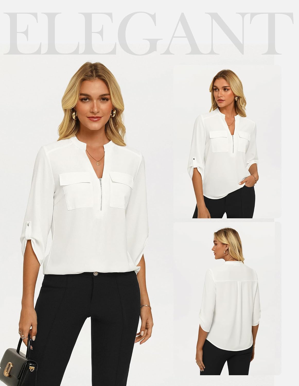 Womens Business Casual Tops,3/4 Sleeve Henley Shirts with Zip Up,Office Work Blouses Lightweight Summer - Image 2