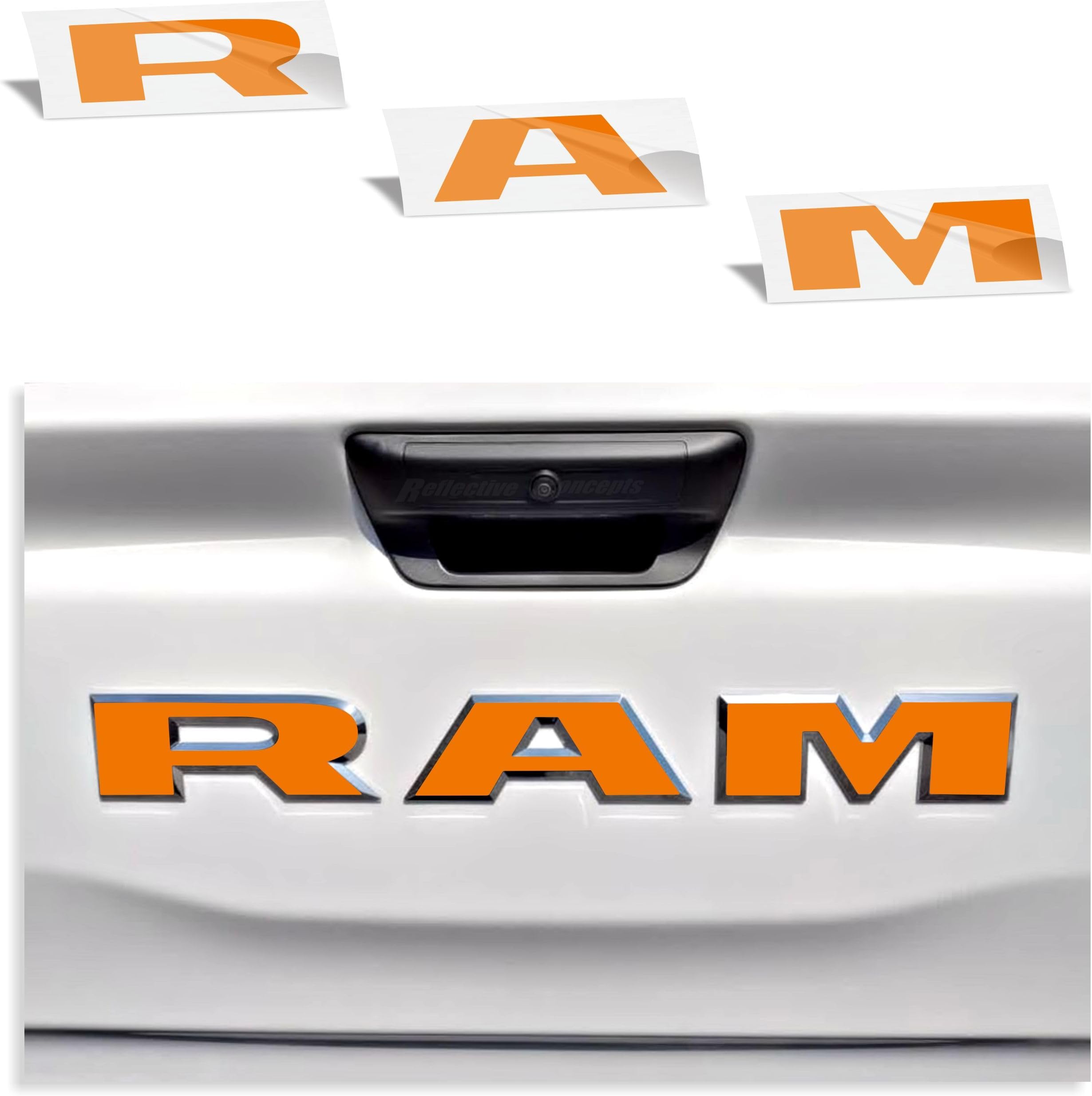 RAM Tailgate Emblem Overlay Decal Stickers 2025-2026 Ram 1500 (Color: Orange)