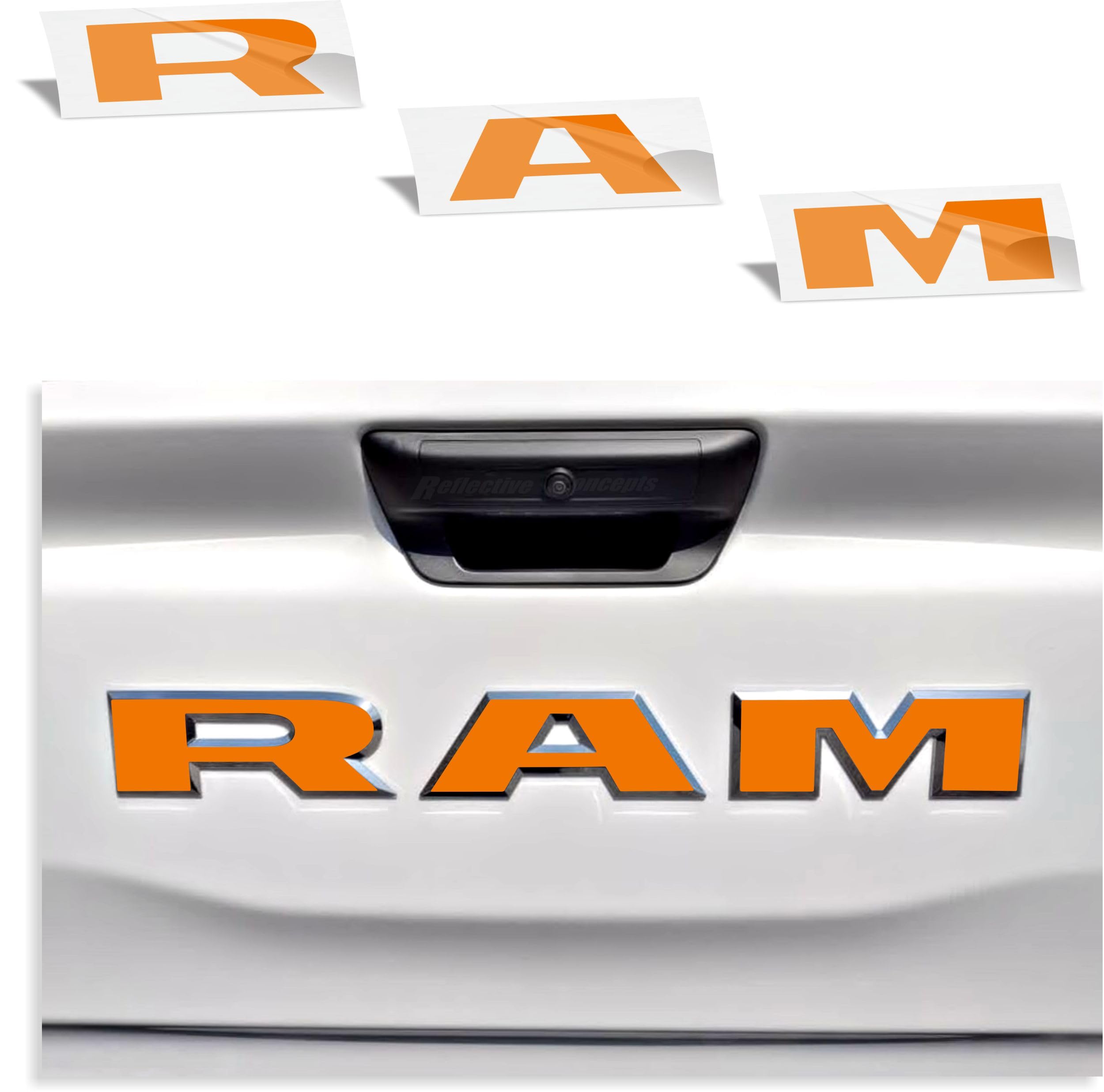 RAM Tailgate Emblem Overlay Decal Stickers 2025 Ram 1500 (Color: Orange)