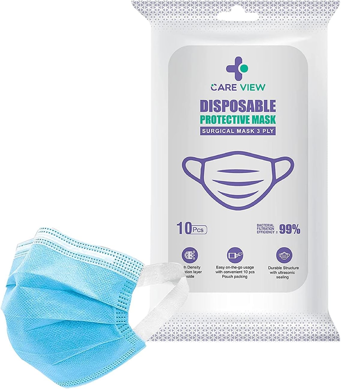 Careview 3 Ply Disposable Surgical Face Mask Pouch with Soft Fabric Earloop & Built in Nose Pin, Certified by BFE>99% and PFE > 95%, SITRA, DRDO, ISO & CE (Pack of 100, Blue, Without Valve) for Unisex