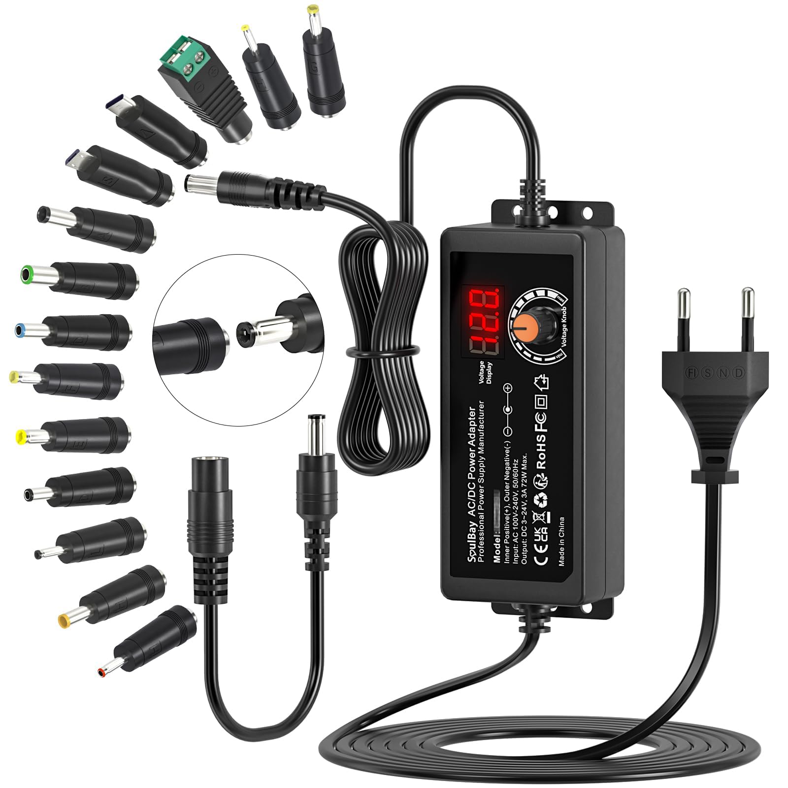 SoulBay 24V Chargeur Universelle, 72W AC/DC Adaptateur Alimentation Transformateur avec 14 Embouts DC et Câble de Polarité Inversée pour Caméra électronique Domestique – 3000 mA Max.