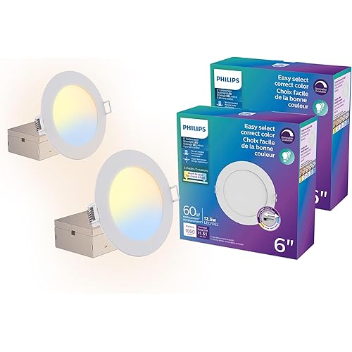 PHILIPS LED 60W Slim 6-inch Canless Downlight 2-Pack Selectable White Multi-CCT 1000 Lumen (11.5W = 60W) Dimmable No Housing Required