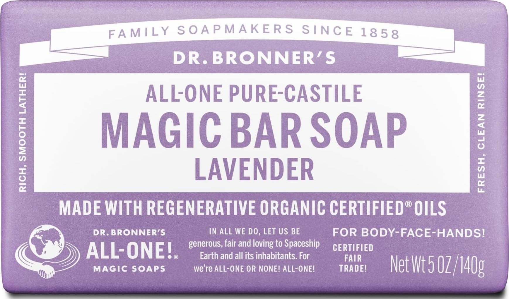 Dr. Bronner's Pure-Castile Soap Bar, Lavender, 5 oz, 1-Pack | Vegan Formula, Calming Aroma, Shower Routine, Bath Use, Face Cleanser, Hand Care, Organic Oils, Daily Personal Care Lavender 5 Ounce (Pack of 1)