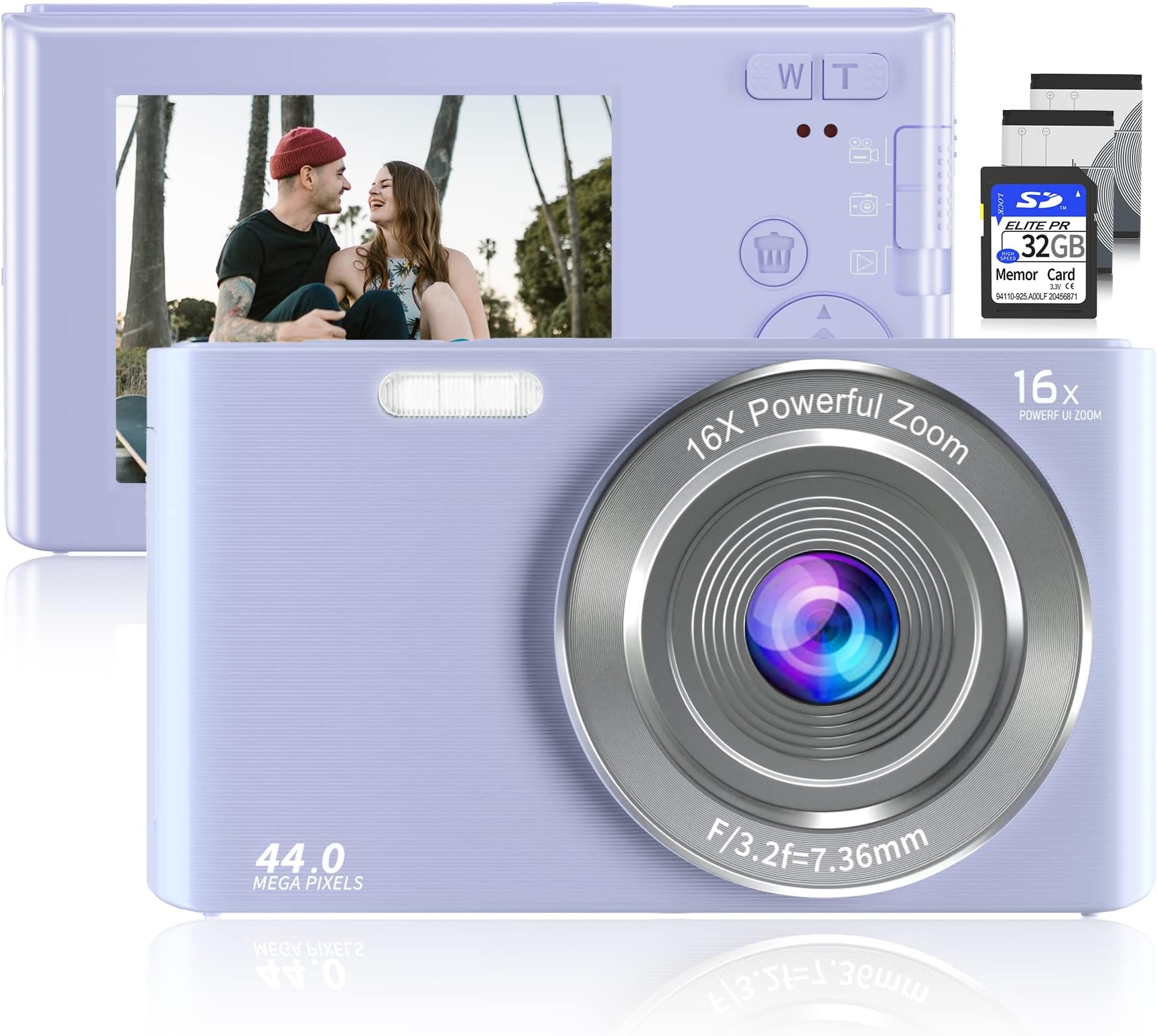 Saneen Digital Camera, FHD 2.7K & 44MP Kids Camera Video Cameras for Photography with 32GB SD Card 16X Digital Zoom, Compact Point and Shoot Camera Small Camera for Beginners, Kids and Teens-Purple