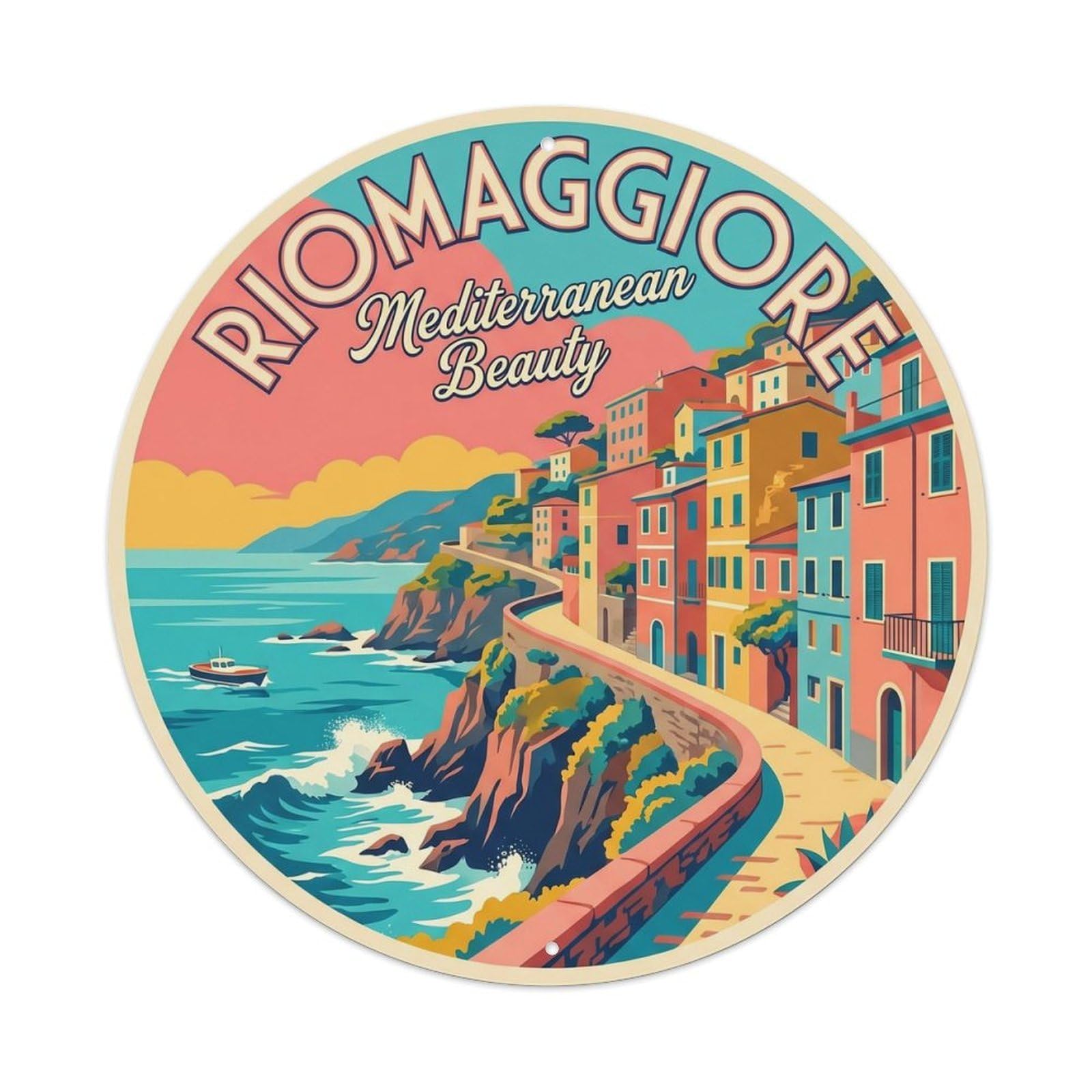 Vintage Travel Italian Fishing Village Metal Tin Sign Plaque