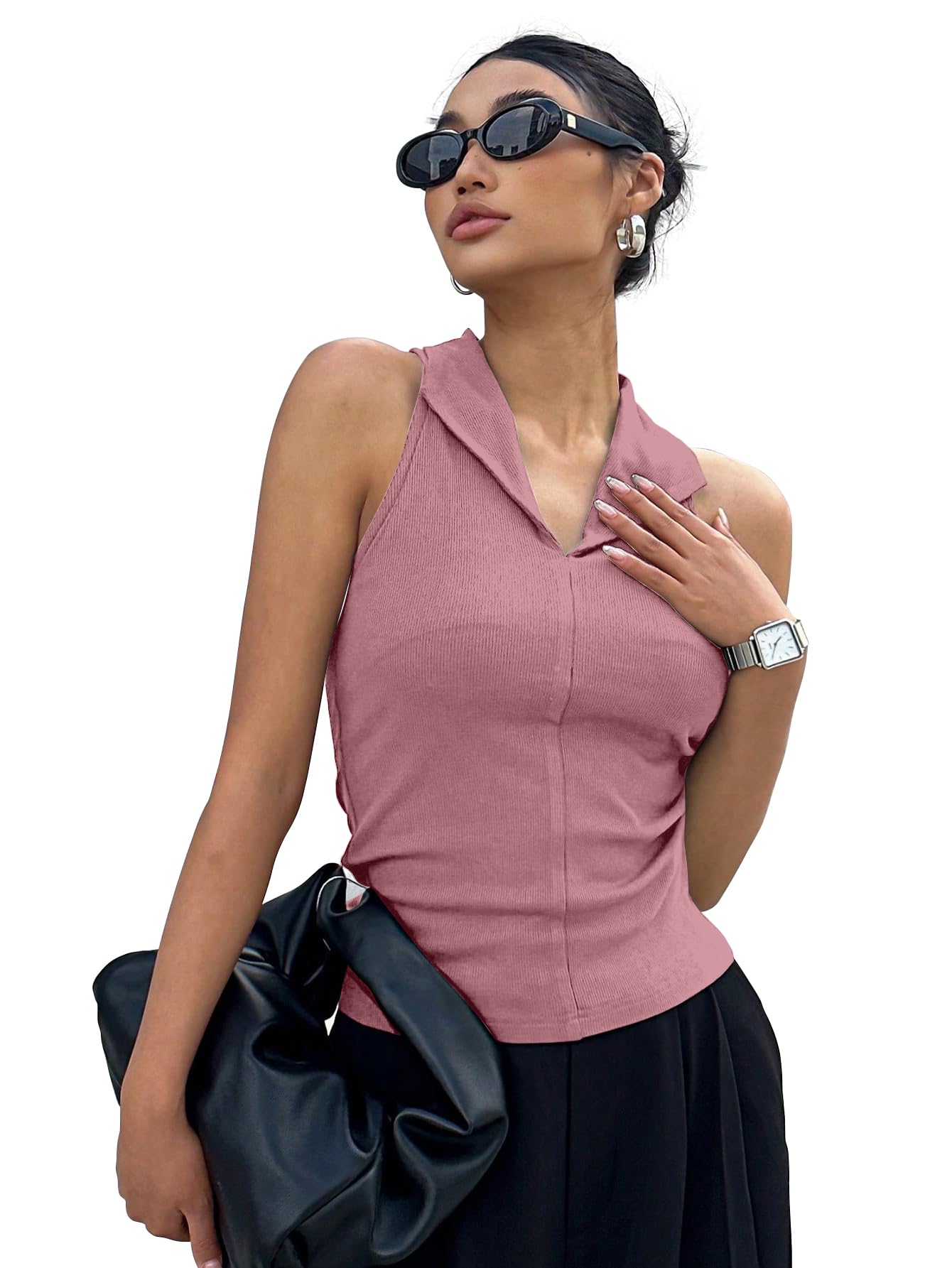 sugathari Women’s Rib-Knit Halter Neck Top – Sleeveless Solid Backless Slim Fit Cotton Tank Top for Casual, Party & Summer Wear | Stretchy Ribbed Crop Vest (T-Shirt 263)-picture-18