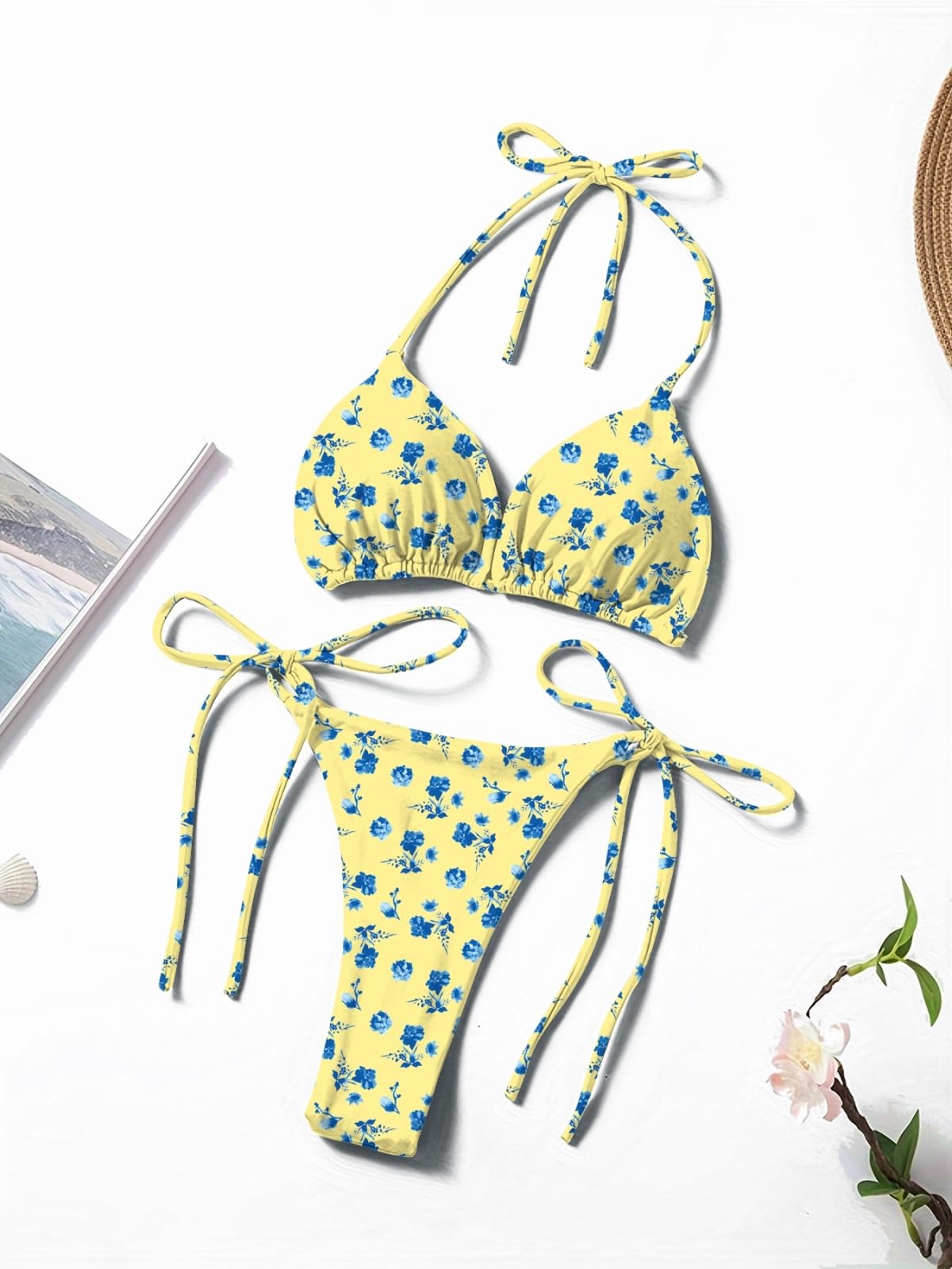 Bikini Mujer Mujeres Floral Corbata Lateral Set Halter Dos Piezas Traje De Baño-Yellow-s