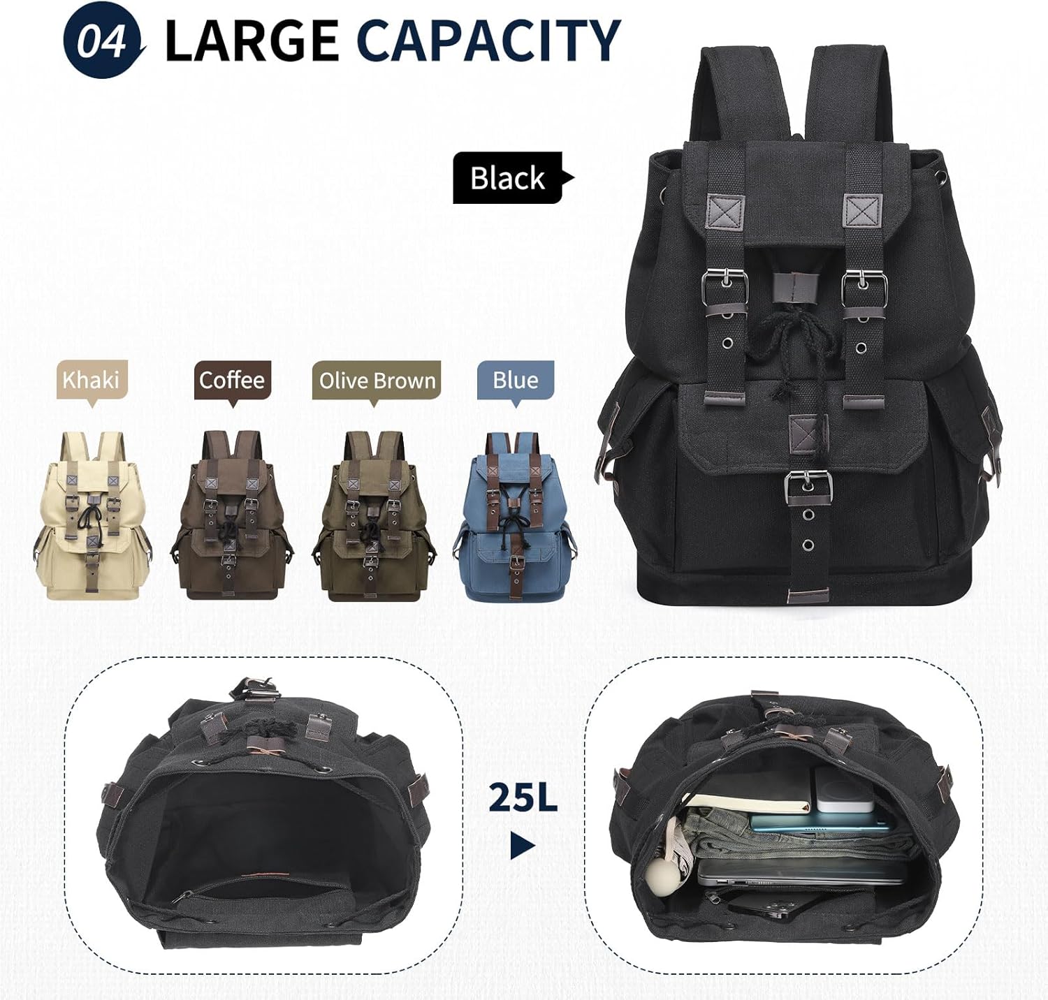 Vintage Canvas Backpack for Men Women, Durable Casual Daypack, Large Capacity Travel Rucksack Fits for Hiking and Daily Use (Black) - Image 6