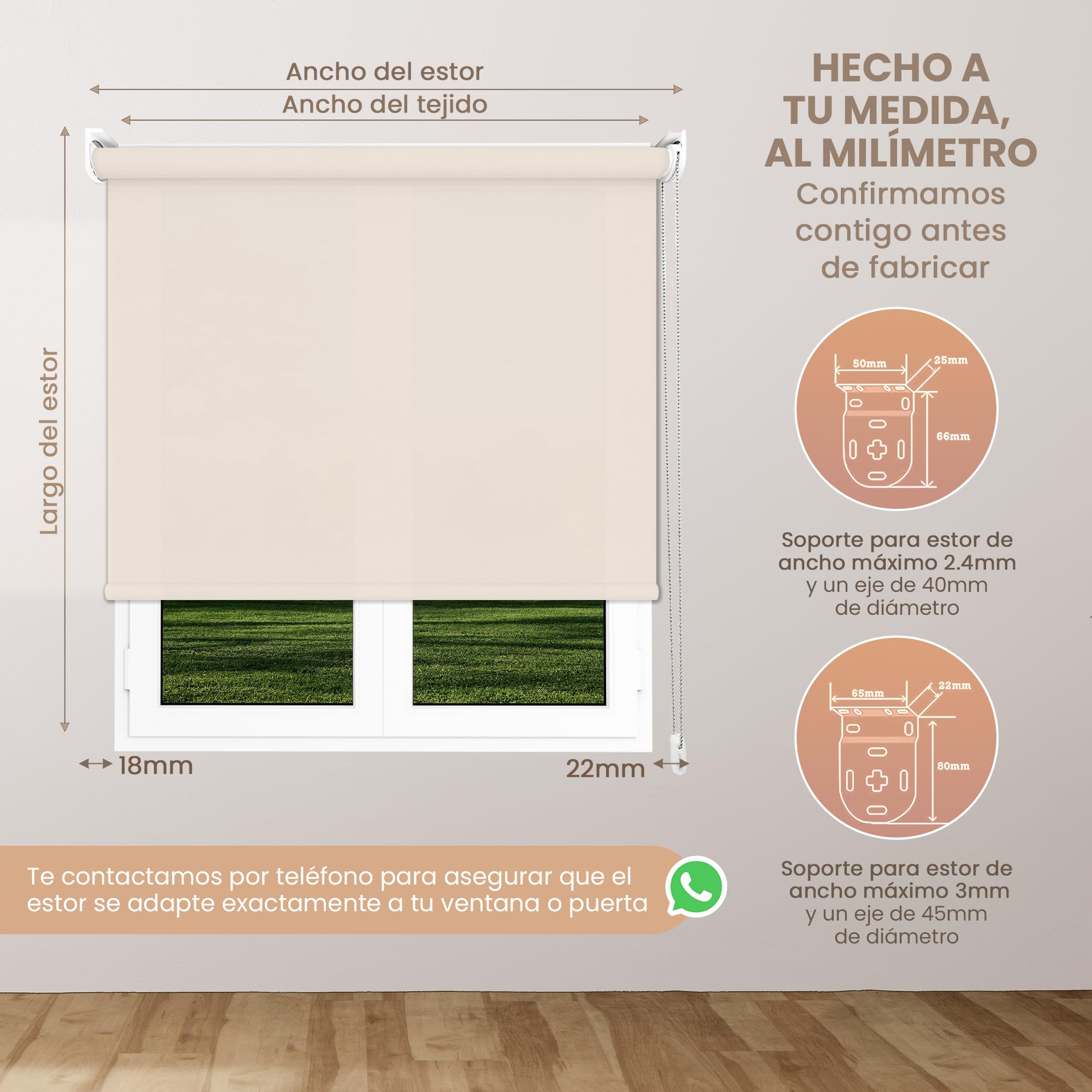 Estor Enrollable Translúcido Arena a Medida 120x180 cm – Luz Natural con Privacidad Día y Noche – Persiana para Ventanas, Puertas, Balconeras, Cocina u Oficina – Instalación en Pared, Techo o Lateral