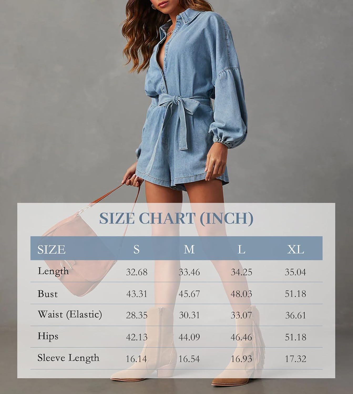 LifeShe Lantern Long Sleeve Denim Romper for Women Elastic Waist Tie Front Short Mini Jean Jumpsuit - Image 6