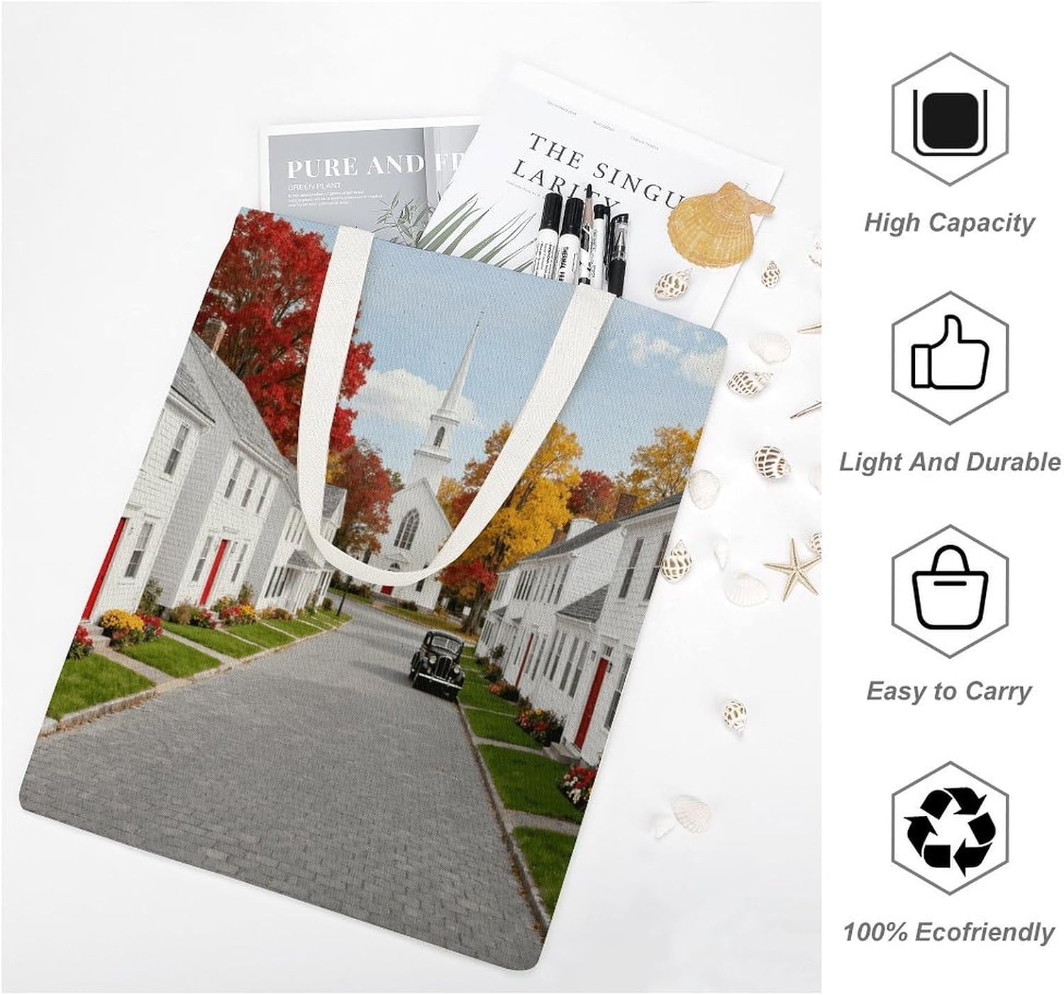New England Town Canvas Tote Bag Reusable Grocery Bags Foldable Soft Cotton Shoulder Carry Bag
