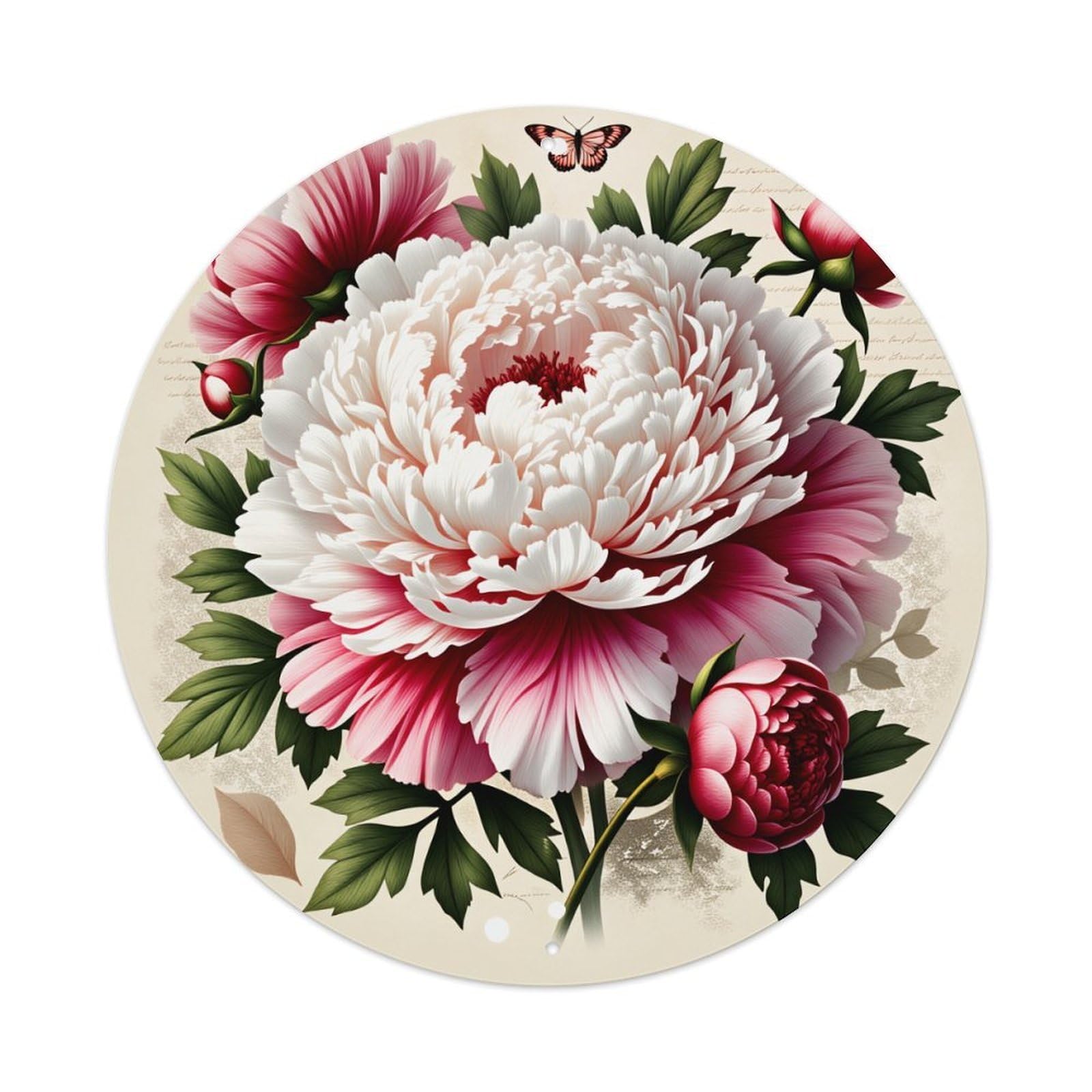 Peony Flower With Butterflies And Leaves Pattern Round Vintage Tin Sign,Retro Wall Art,Metal Poster for Home, Bar, Garage, Cafe, Rustic Indoor & Outdoor Decor, 8x8 Inches