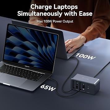 TobenONE 165W USB C Charging Station with Built-in Retractable Cable(2.3ft) & Lightning Adapter, 3 USB C, 1 USB A, 100W Desktop Fast Charging for MacBook, iPhone 17, iPad, Samsung, Home, Office
