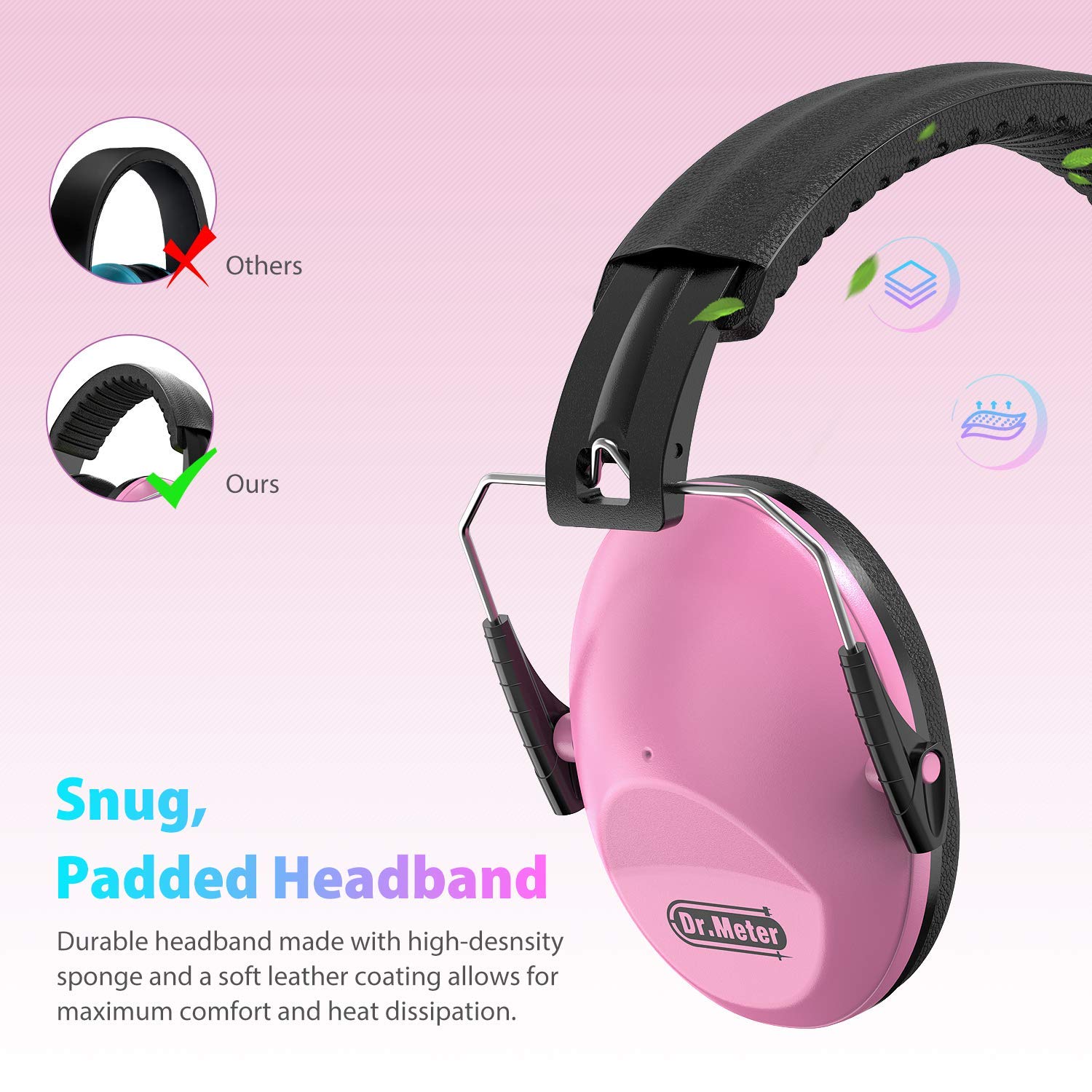 Dr.meter EM100 Kids Protective Earmuffs with Noise Blocking Children Ear muffs for Sleeping, Studying, Shooting, Babies 27NRR Adjustable Head Band, Pink