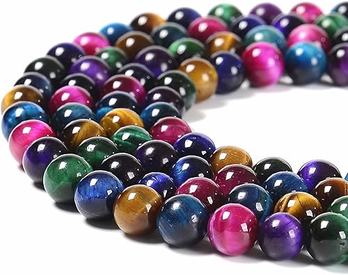JM Design Cuentas redondas lisas de ojo de tigre multicolor, tamaño 0.315 in, 15,5 '' hebra para la fabricación de joyas