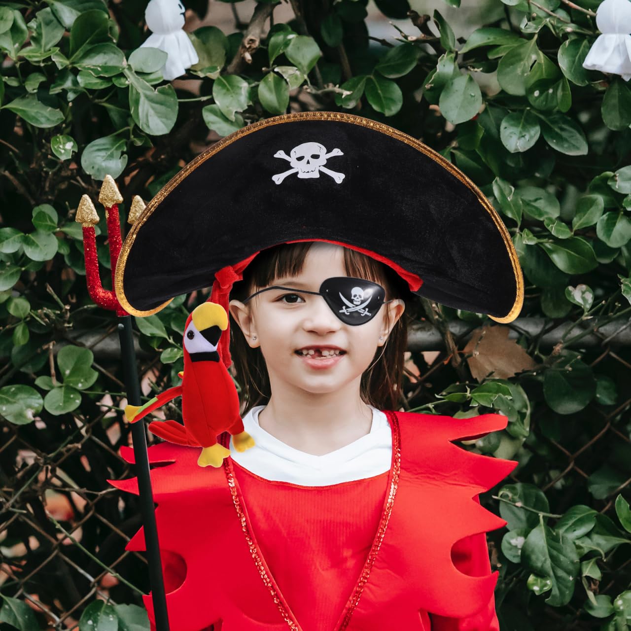 DOITOOL Halloween Pirate Hat with Parrot Eye Mask Set for Kids Pirate Costume Accessory Plush Hat with Realistic Parrot Ornament for Party Role Play - Image 3