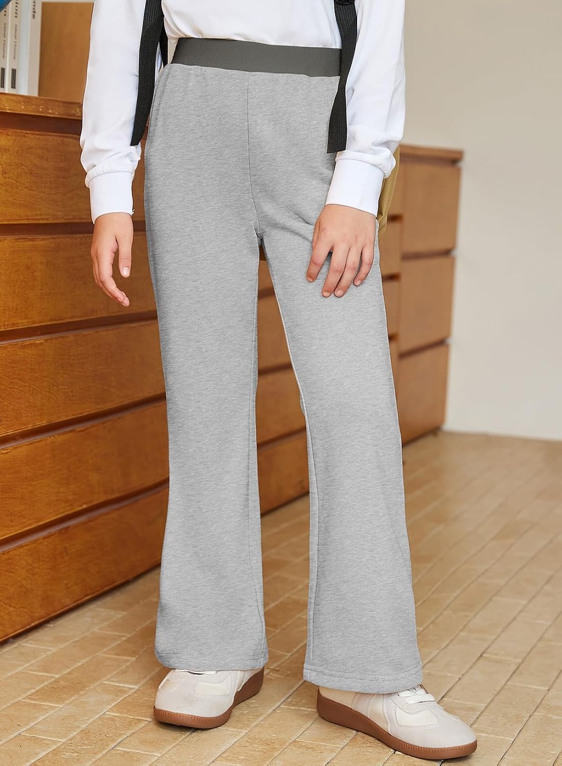 blibean Girls Flare Pants School Uniform Colorblock Sweatpants Size 6-16 | Rib Waist Casual Uniform Bottoms with Pocket Flare Leg Slacks Back to school Sweat Pants Elastic Troures