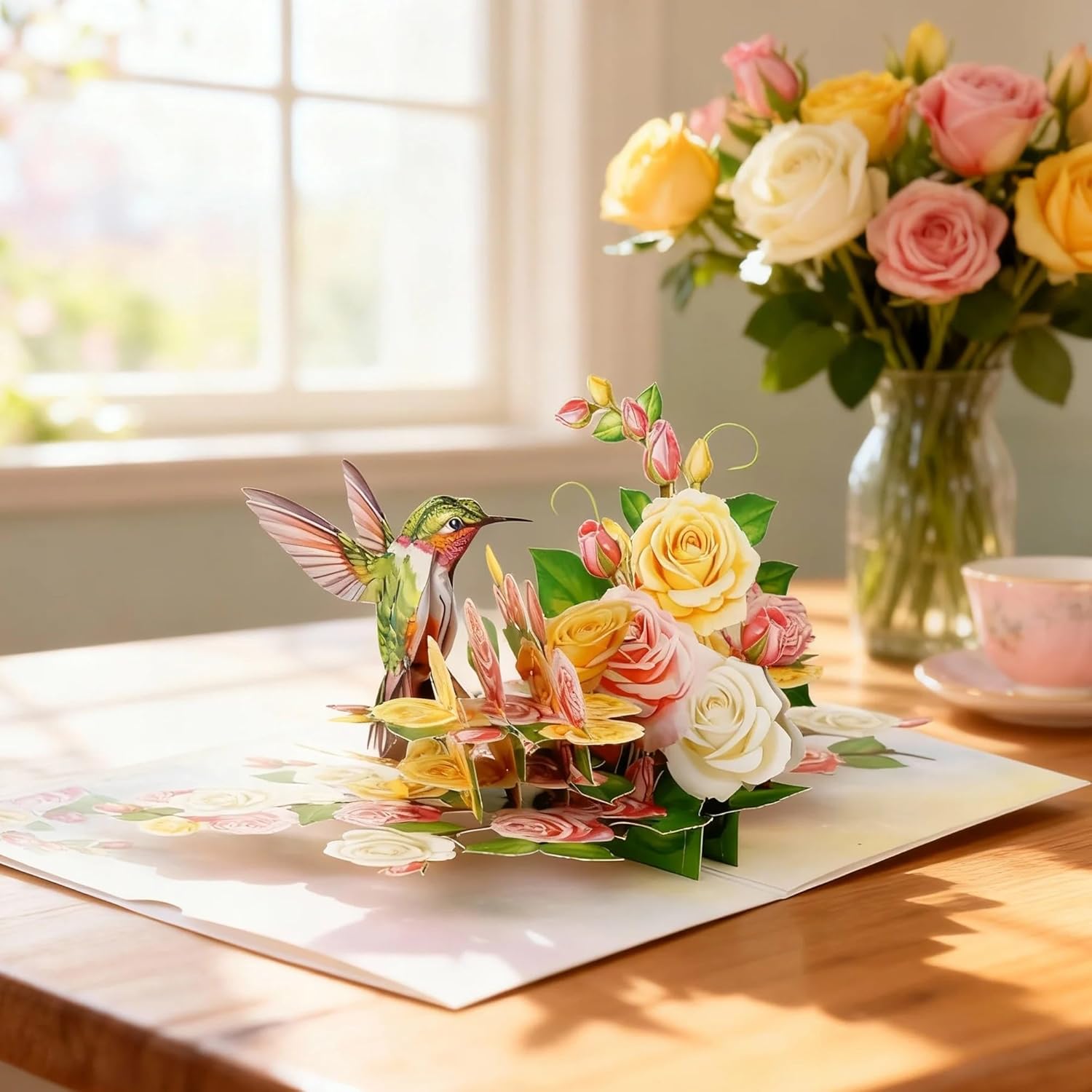 Greeting Card Green Hummingbird with Roses 3D Pop-Up Cards Handmade Birthday Flower Gift for Women, Mom, Wife, Men 6x8 Inches Aniversary Wedding Christmas Gifts Floral Thank you Envelope - Image 7