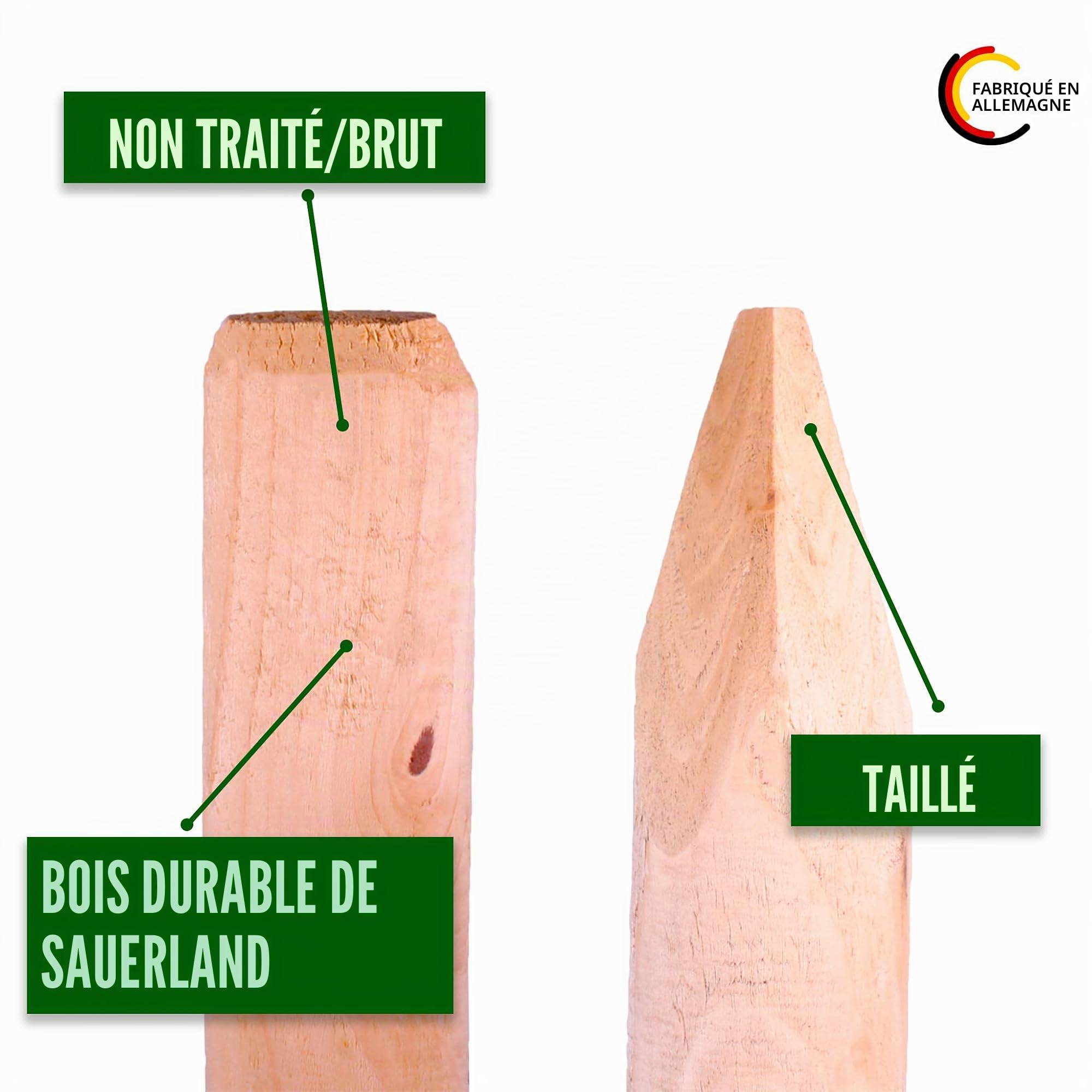 Lot de 10 piquets ronds en bois naturel de 6 cm de diamètre - Différentes longueurs et épaisseurs - Idéal comme piquets de clôture, piquets de plantes ou piquets d'arbres (longueur 100 cm)
