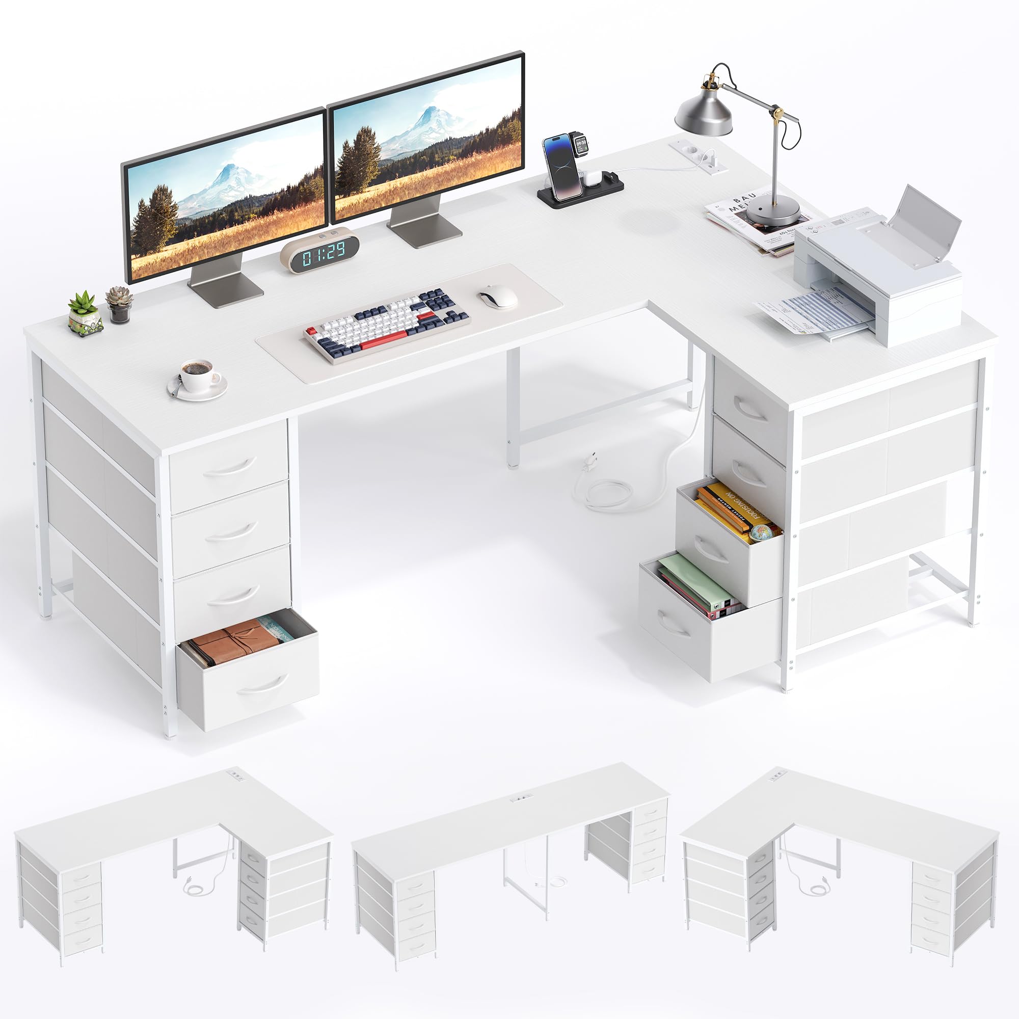 YOUDENOVA Schreibtisch L-Form, 150×100 cm Eckschreibtisch mit 8 Schubladen, Computertisch mit Steckdose und USB-Ladeanschluss, Bürotisch für Arbeitszimmer Weiß