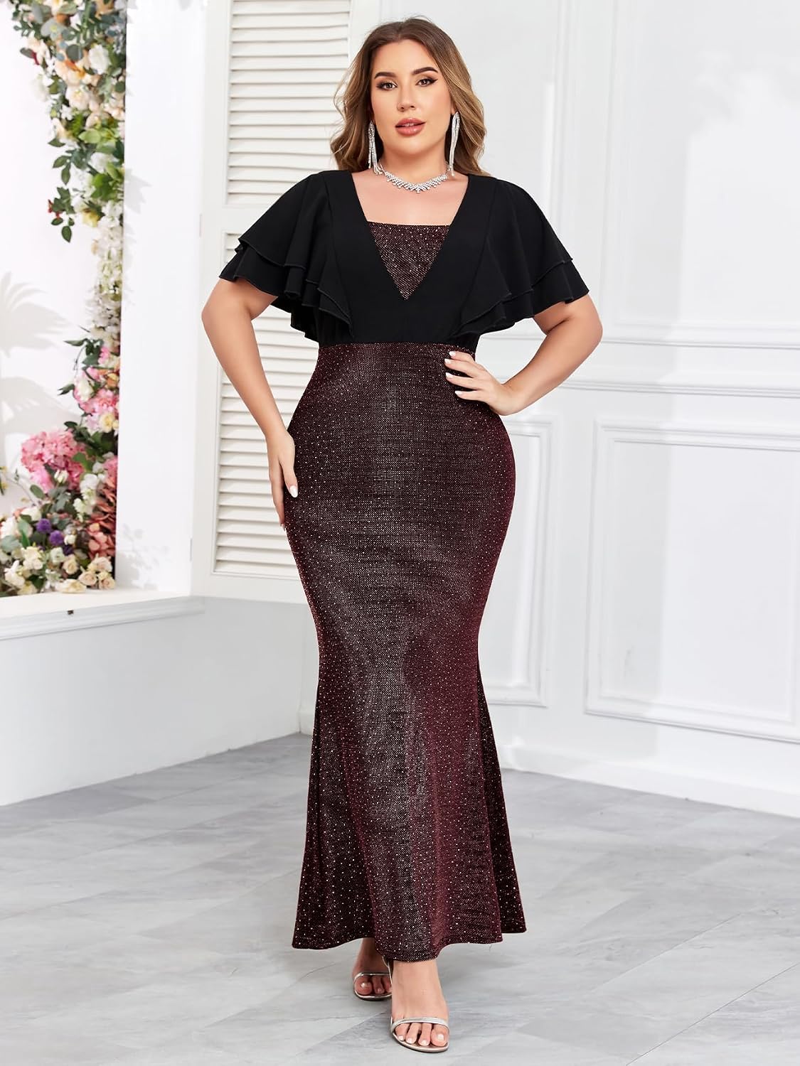 ZOMVA Women's Plus Size Sparkly Maxi Dress Ruffle Short Sleeve Bodycon Mermaid Gown Formal Cocktail Party Club Evening, Red, 1X