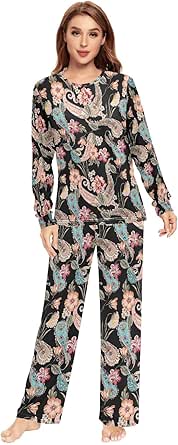 JUNZAN Ethnic Flower Black Pajamas for Women Long Sleeve Top & Bottom