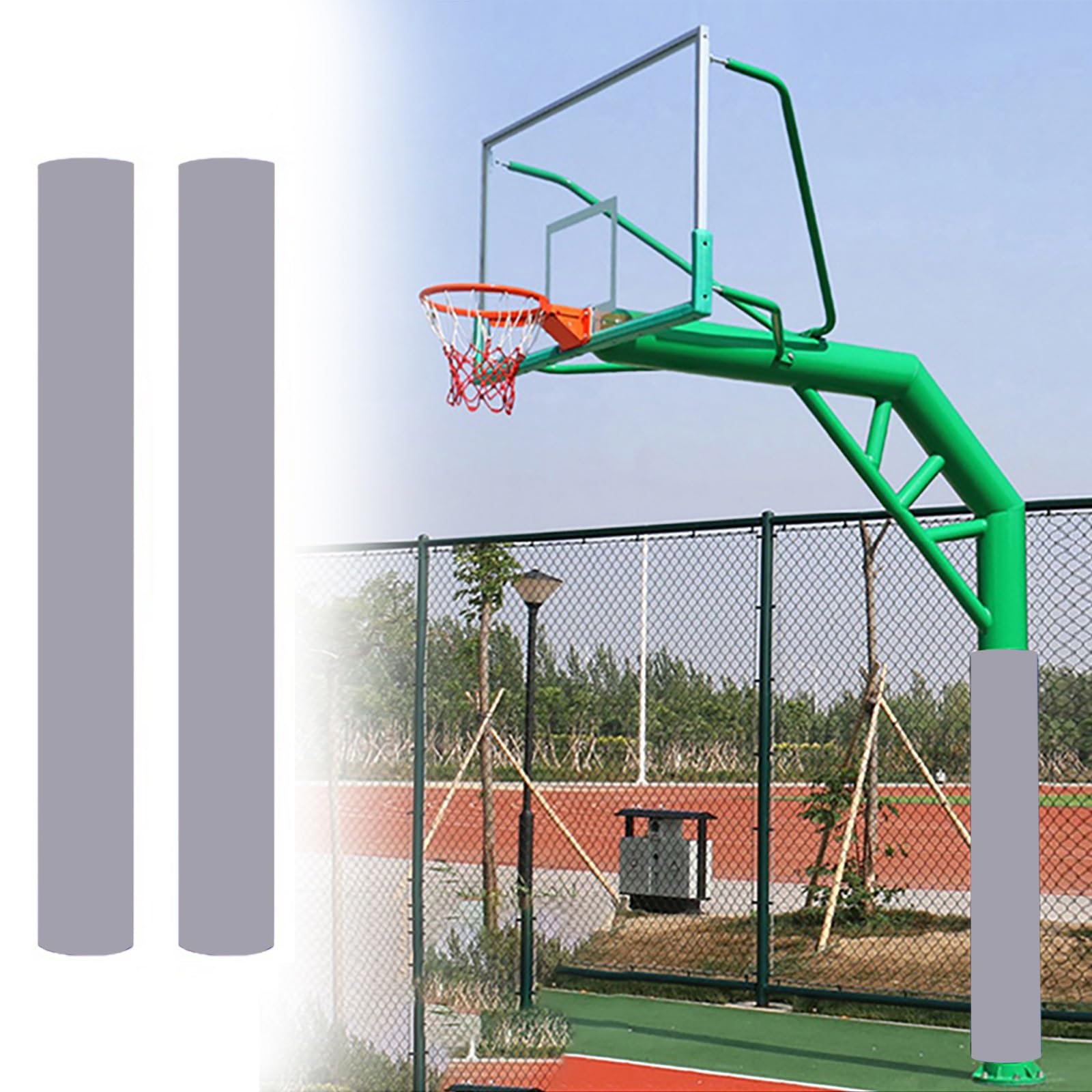 SRNSAEB 2 Pack Basketball Pole Pad Outdoor Indoor - All-Weather, Padding for Poles in Garage/Playground/Basement/Gym/Club, Weatherproof Basketball Hoop Protector Wrap-Around(Gray,Dia 114mm (4 1/2in))