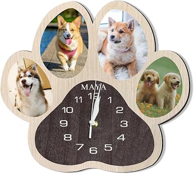 Customizable Clock Custom Photo Wall Clocks, Personalized with Your Pictures Text Non Ticking Silent Decoration for Kitchen Bedroom, Gift for Dog/Cat Lover, Wooden