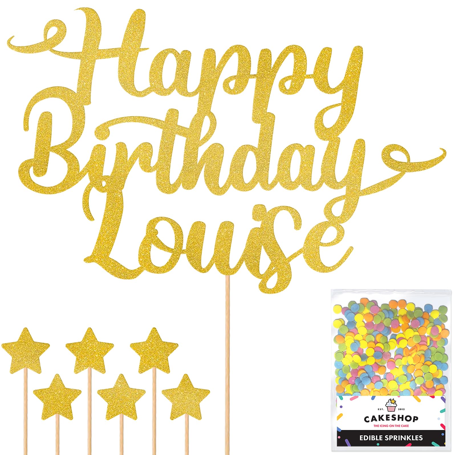 Personalised Happy Birthday Glitter Cake Topper - Gold Any Name Glitter Cake Decoration and Sprinkles - Happy Birthday Decorations - Personalised Toppers for Cakes by Cakeshop