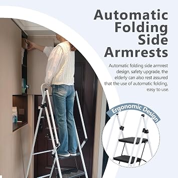 Step Ladders 5 Step Folding, Folding Step Ladder with Handle, Step Stool Ladder with Rubber Feet Capacity 500lbs, Tall Ladders for Home High Ceilings (White, 5 Tier Iron)