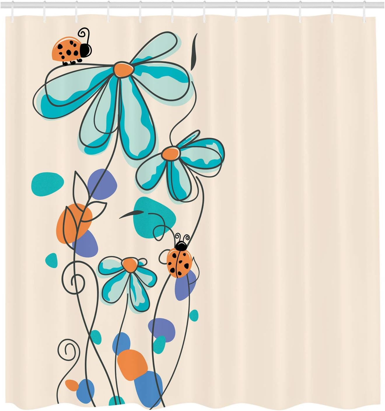 Ambesonne Spring Shower Curtain, Flowers Oval Dome-Shaped Ladybugs Illustration Never Ending Love Story Luck, Cloth Fabric Bathroom Decor Set with Hooks, 70" Long, Pale Blue