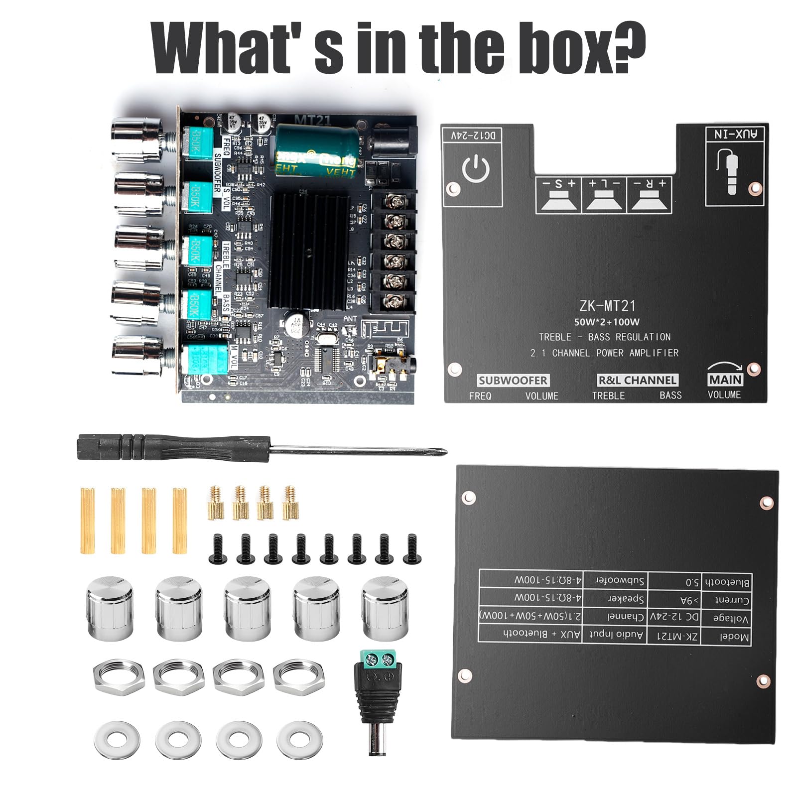 Amplificatore audio HiFi: 2 x 50 W + 100 W subwoofer 2.1 canali, amplificatore scheda con Bluetooth alti e controllo dei bassi, ingressi Bluetooth e AUX, DC 12-24 V per altoparlanti passivi