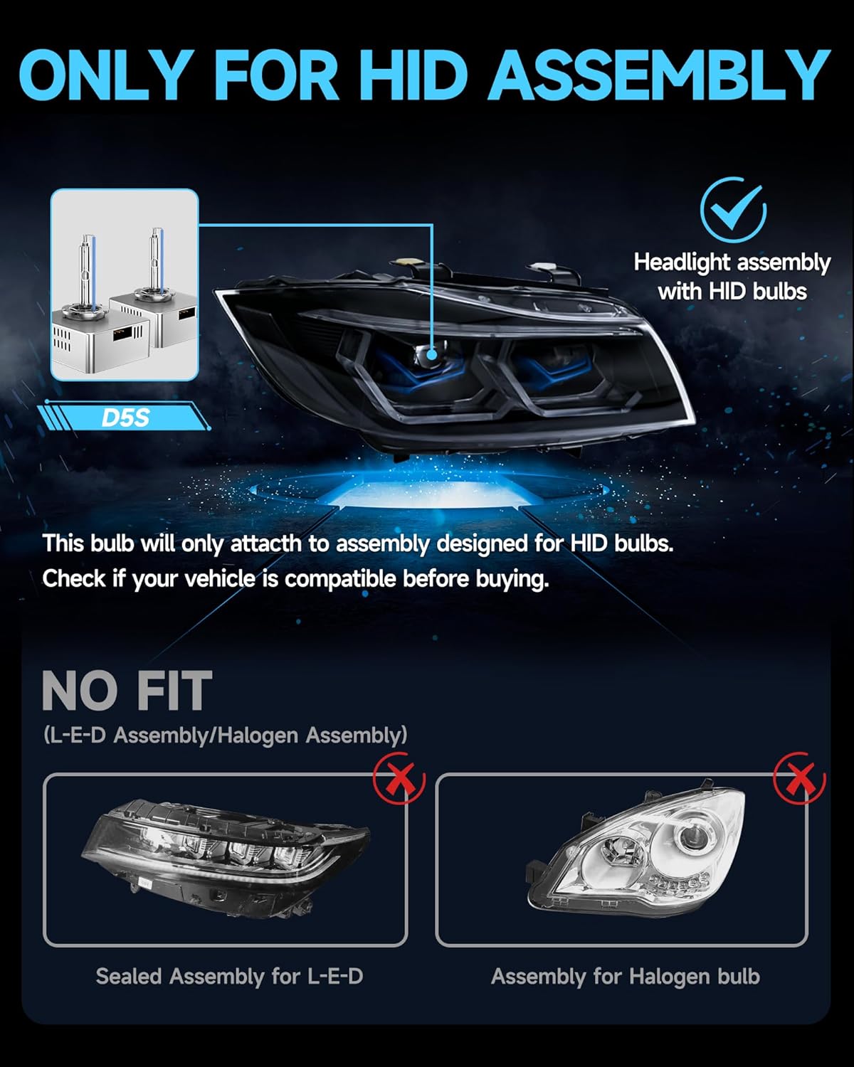 D5S HID Xenon Headlight Bulb Fit for Chevy 2016 2017 2018 Silverado 1500 LT LTZ LS WT 2018 2019 2020 2021 Equinox, 8000K Bright Blue, 35W OEM High Low Beam Xenon Lights, Pack of 2