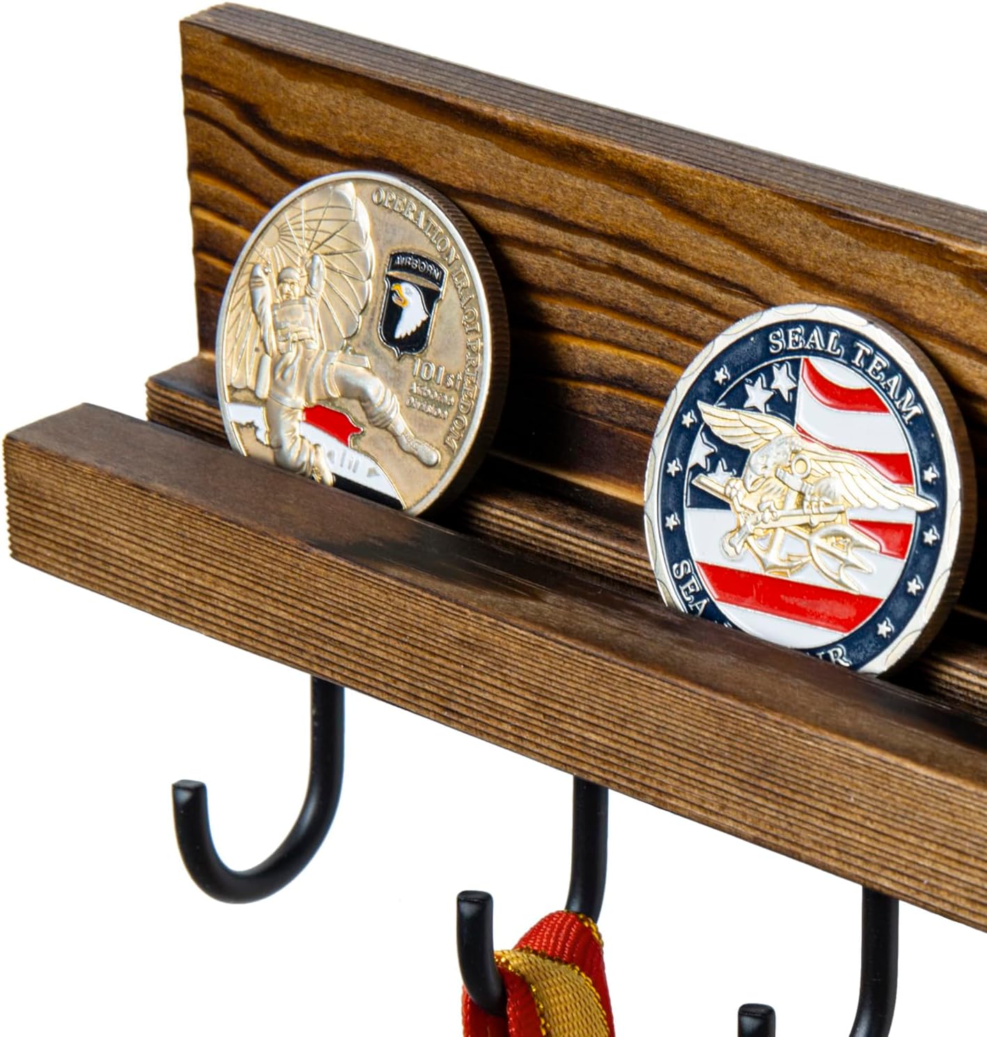 MyGift Rustic Burnt Solid Brown Wood Wall Mounted Challenge Coin Holder – Casino Chip Display Rack with Matte Black Metal Medal Hooks, 3-Piece Set