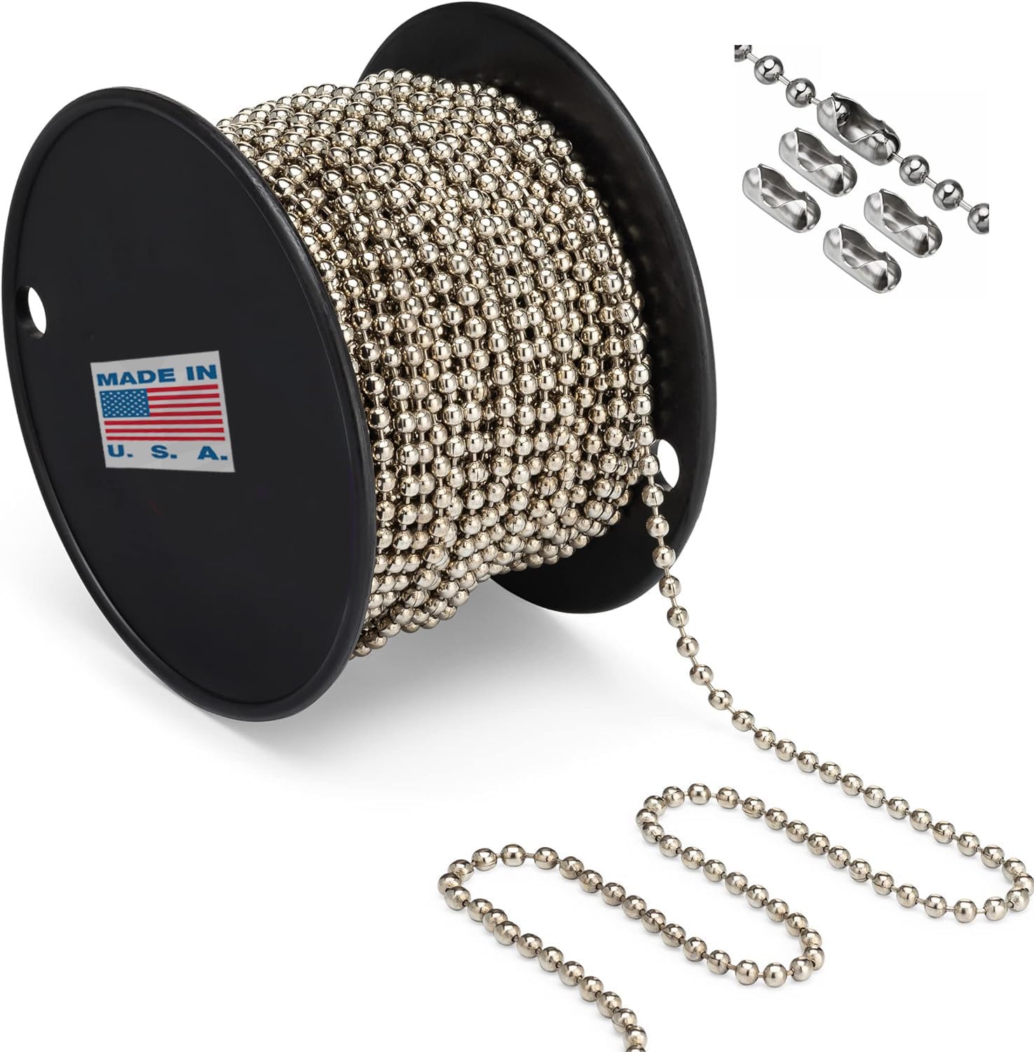 #10 Beaded Ball Chain (4.5mm) – USA Made Nickel Plated Steel (NPS) 100 Feet Spool for Vertical Window Blinds, Plumbing and Industrial Equipment Labeling - Indoor Use
