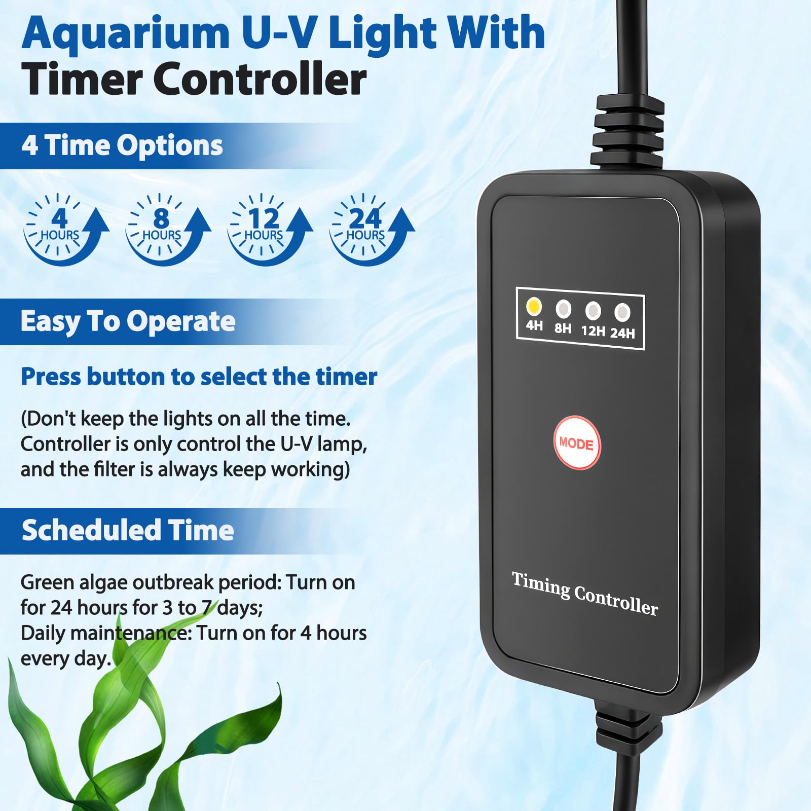 Filtro interno UV per acquario con luce UV, pompa filtro acquario 4 in 1, controller timer e finestra UV visibile, sistema di filtraggio multi-modalità per acquari d'acqua dolce e salata, 15-80 L (800