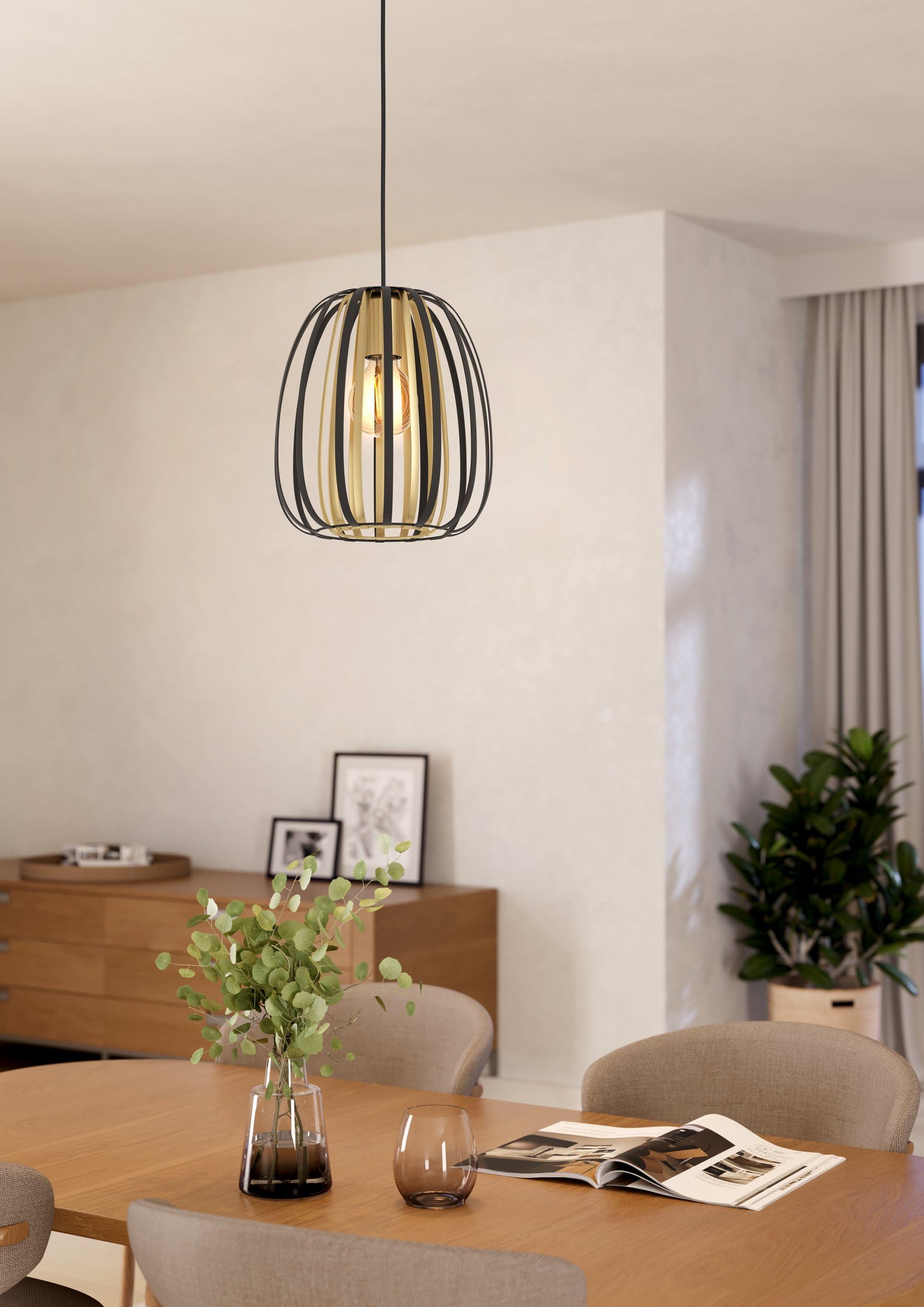 Eglo Suspension luminaire Encinitos, lustre chambre en métal noir et laiton