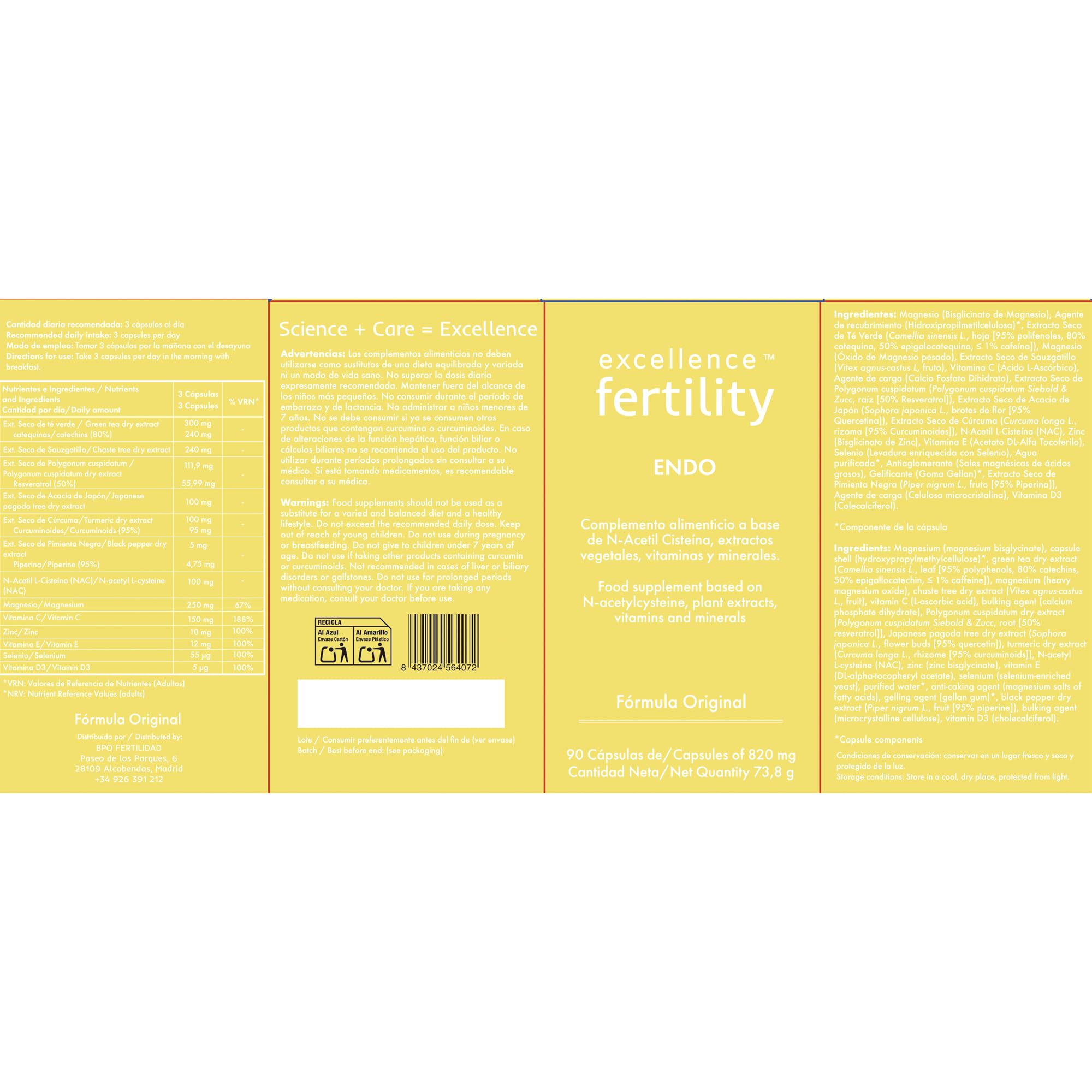 Excellence Endo - Suplemento Natural para Endometriosis - Apoyo Antioxidante y Hormonal con Resveratrol, Cúrcuma, Quercetina, Té verde, Sauzgatillo, NAC y Magnesio | EXCELLENCE FERTILITY