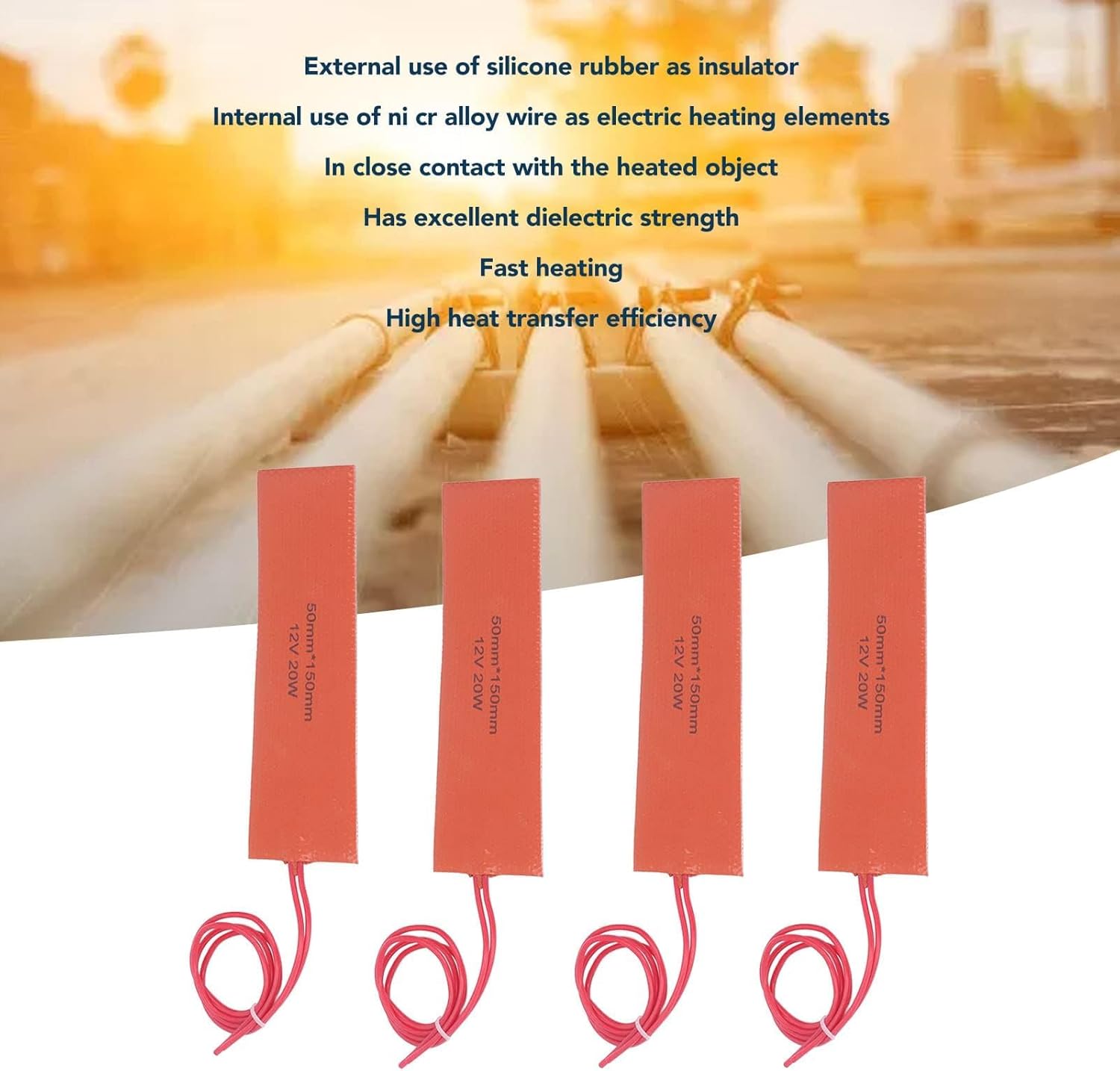 Silicone Rubber Heating Pad, 8 Pack, 20W 12V, Flexible Heater Mat, 50x150mm, for Industrial Equipment