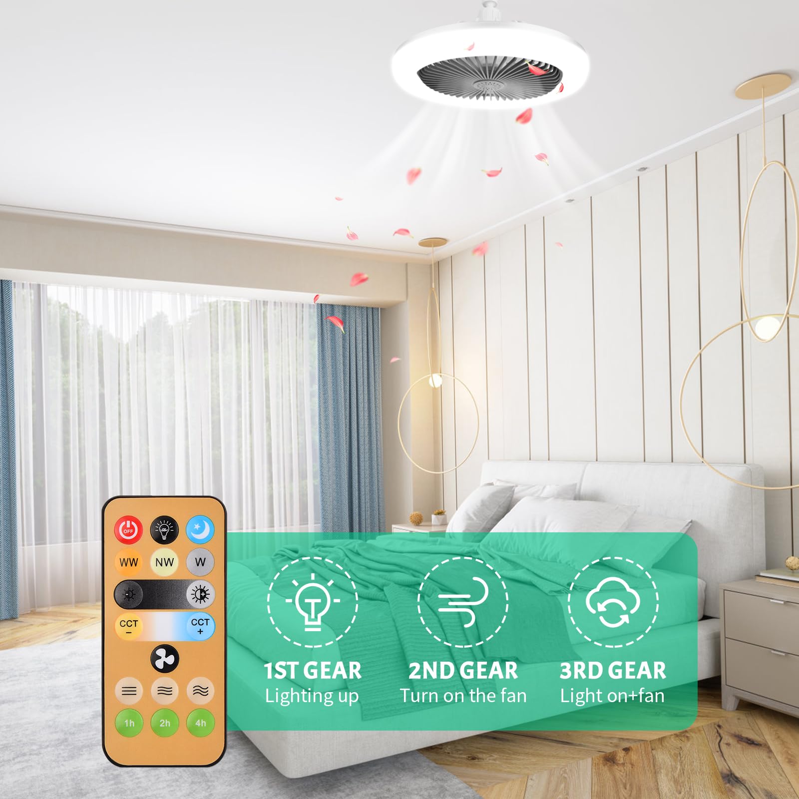 Ventilador de Techo con Luz LED Regulable 30W, E27 Lampara y control remoto, 3 Velocidades, Ventilador Moderno Silencioso para Dormitorio