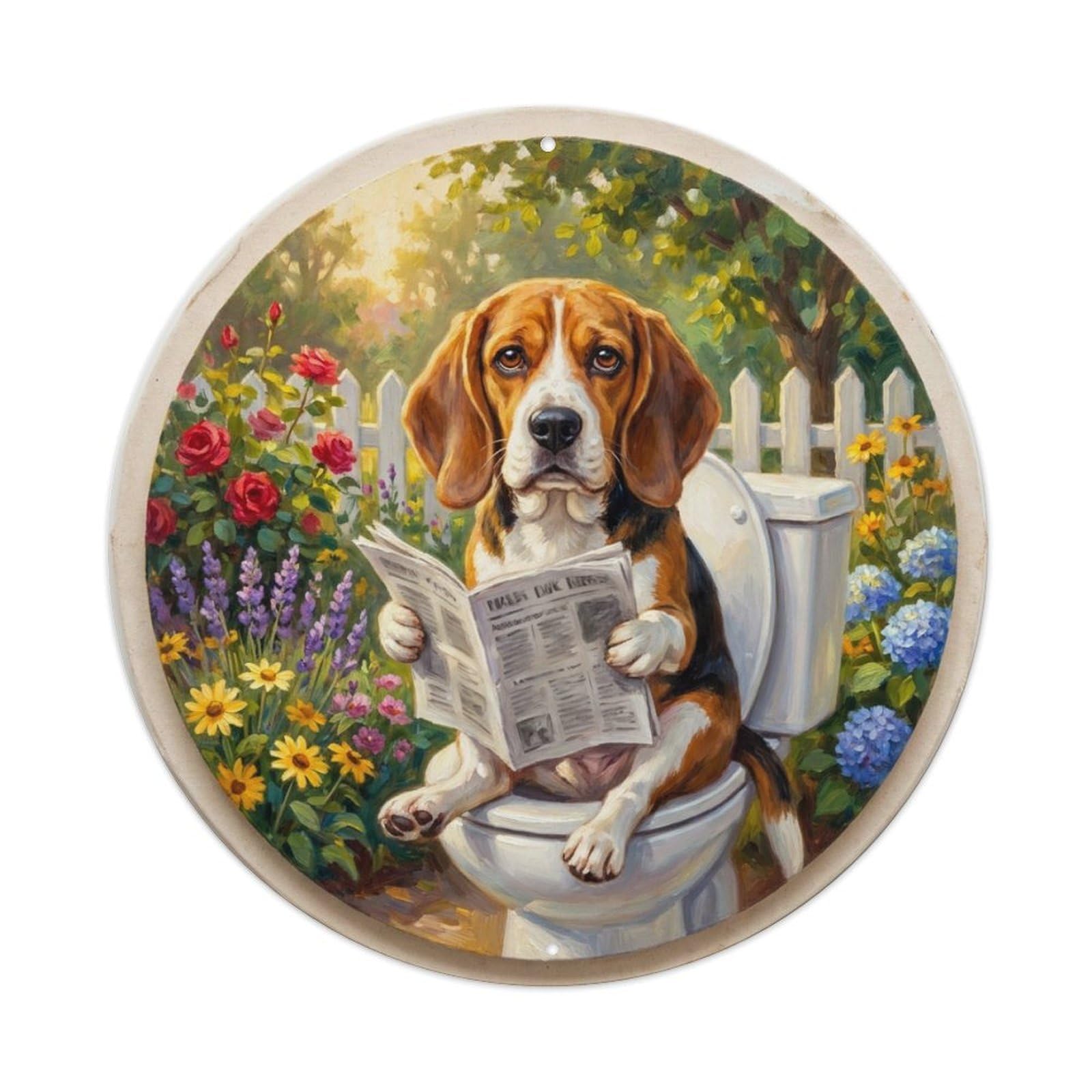 Beagle On Toilet Humorous Bathroom Garden Morning Sun Metal Tin Sign