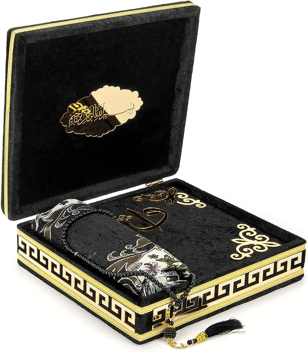 ihvan online Luxury Islamic Prayer Velvet Covered Gift Box, Deluxe 4 Piece Set with Elegant Velvet Covered Quran & Prayer Beads Tesbih & Prayer Rug, Ramadan & Eid Gift, Black