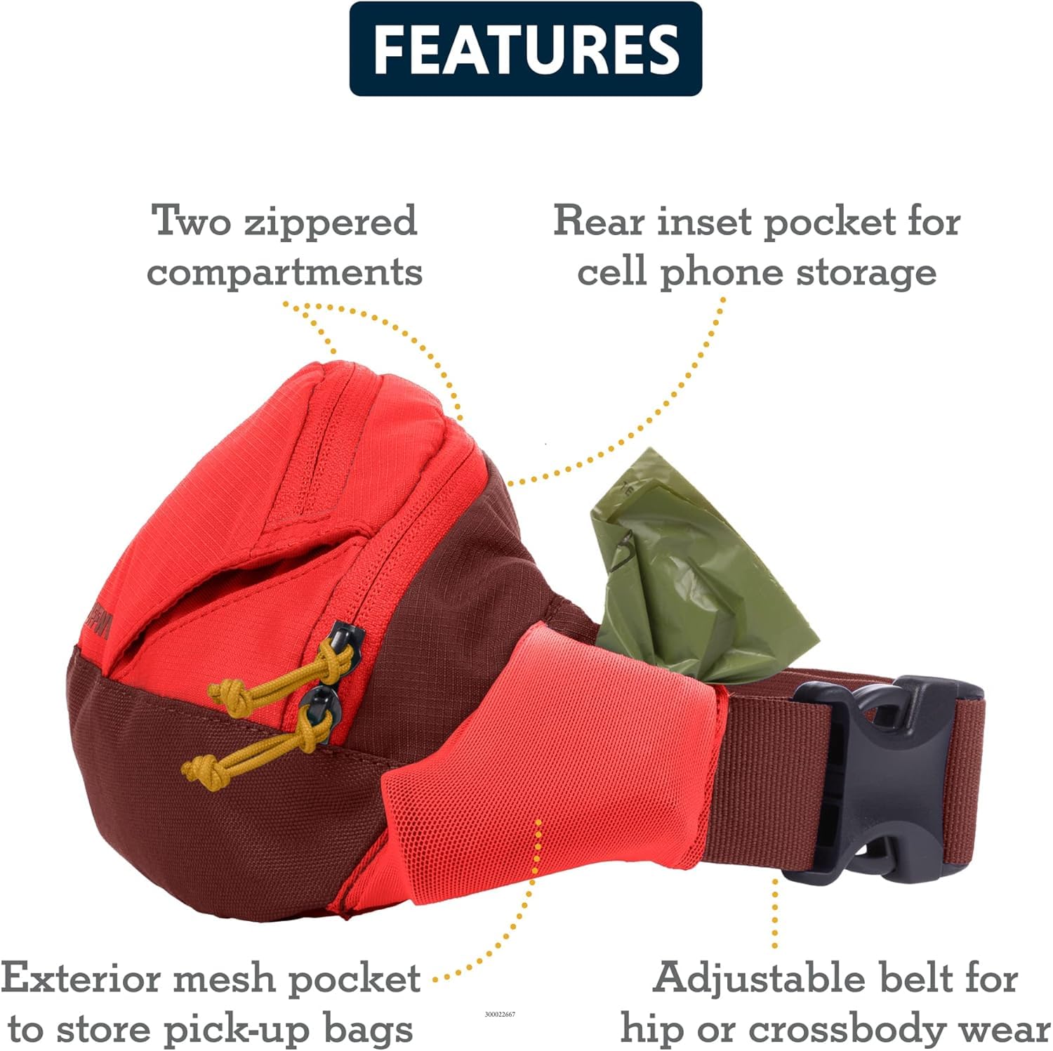 RUFFWEAR Home Trail Hip Pack, sac à bandoulière réglable et sac de ceinture pour promener le chien, pochette à friandises pour chien et sac de transport pour déjections canines, Sumac rouge